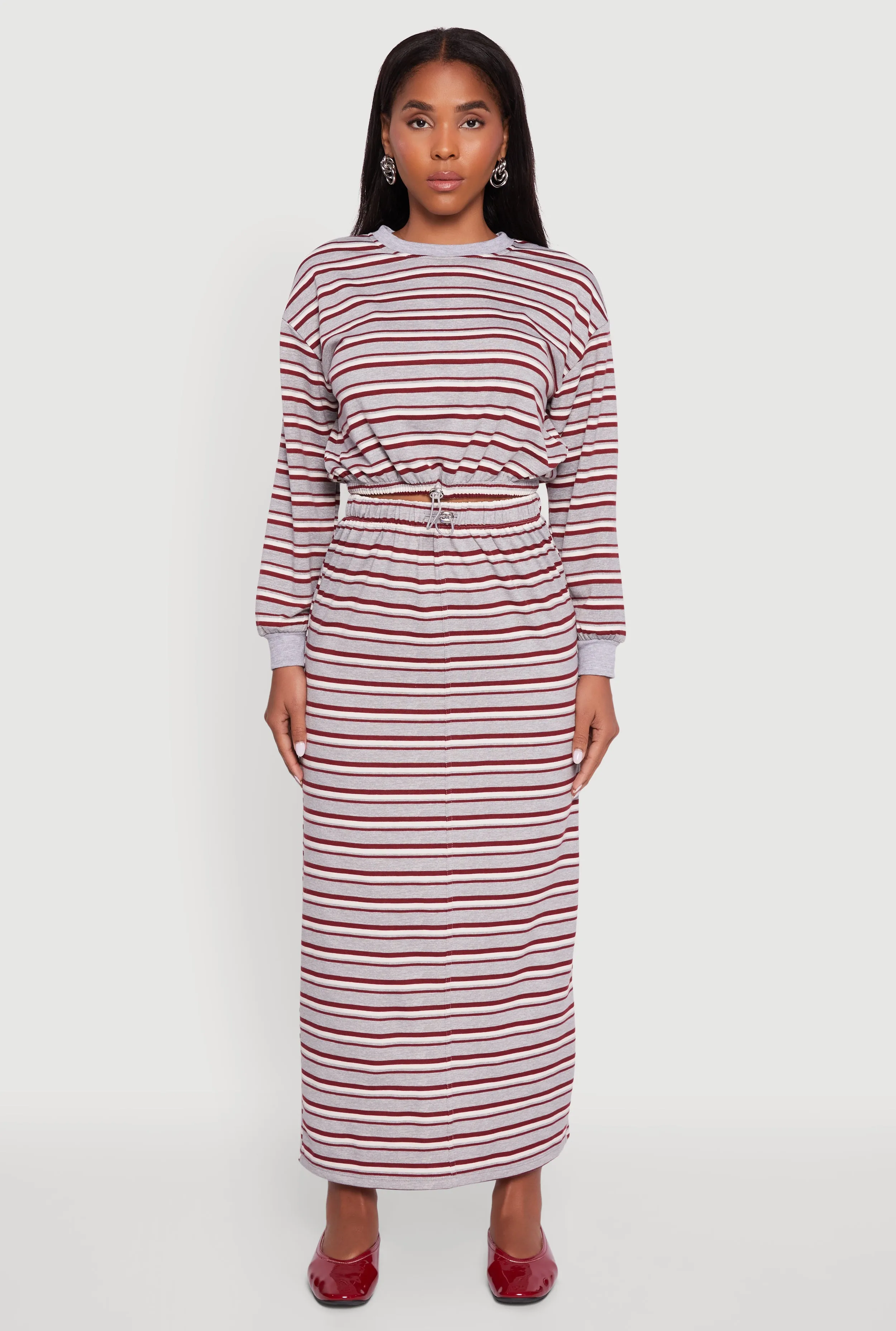 Striped Toggle Drawstring Waist Slit Back Maxi Skirt Relaxed Style