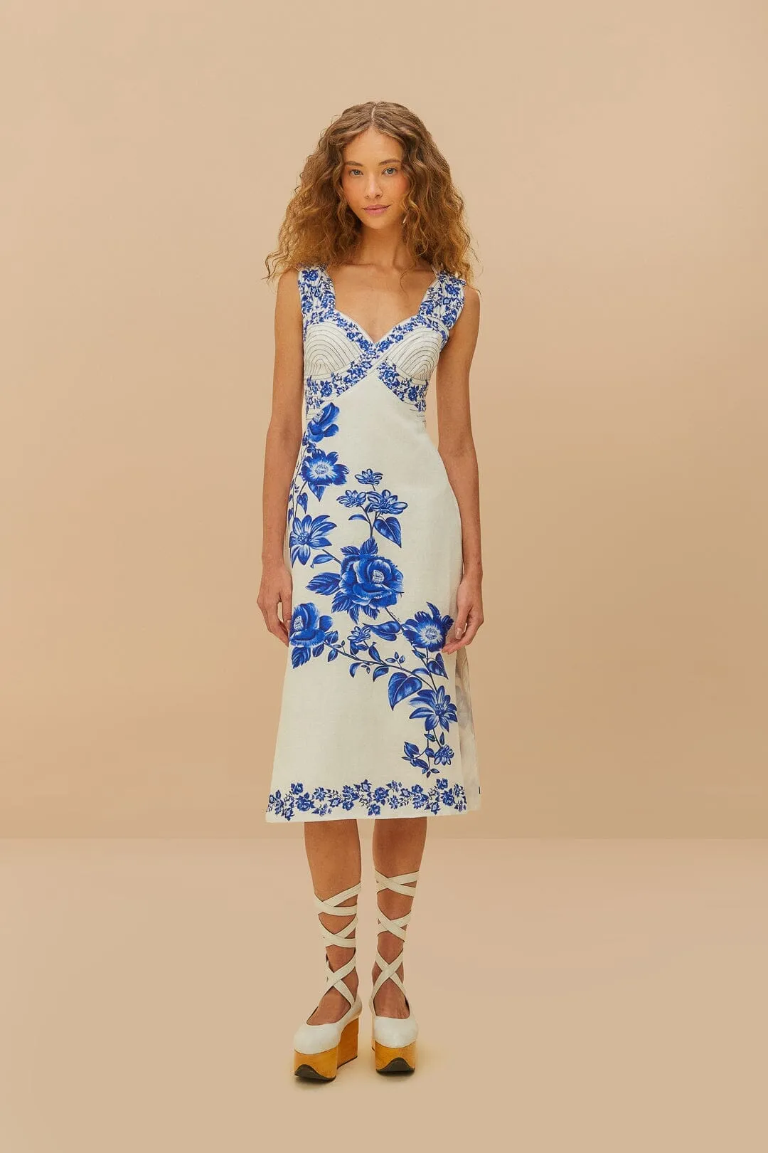 Off-White Floral Cascade Wavy Midi Dress Galaxy Glow
