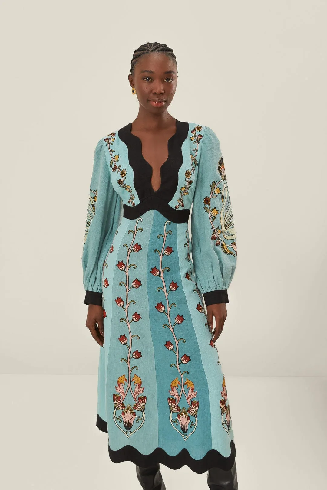 Blue Flowing Beauty Embroidered Long Sleeve Midi Dress Effortless day-to-evening dress Weather Chic