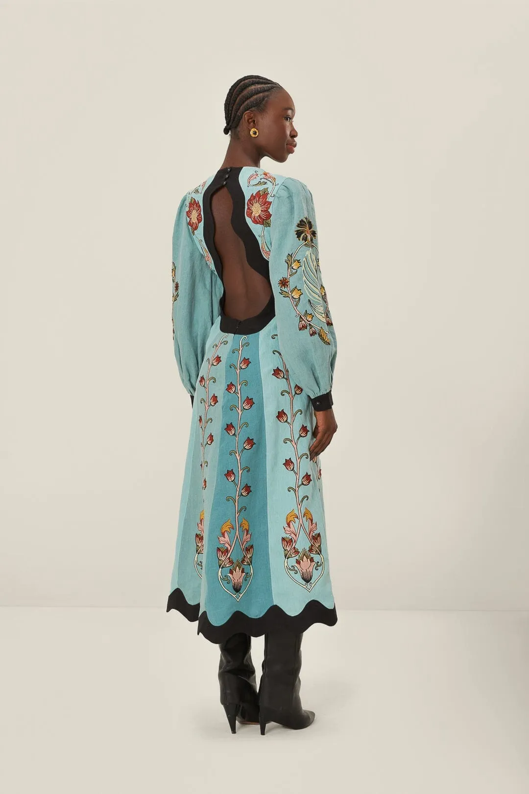 Blue Flowing Beauty Embroidered Long Sleeve Midi Dress Airy Shape