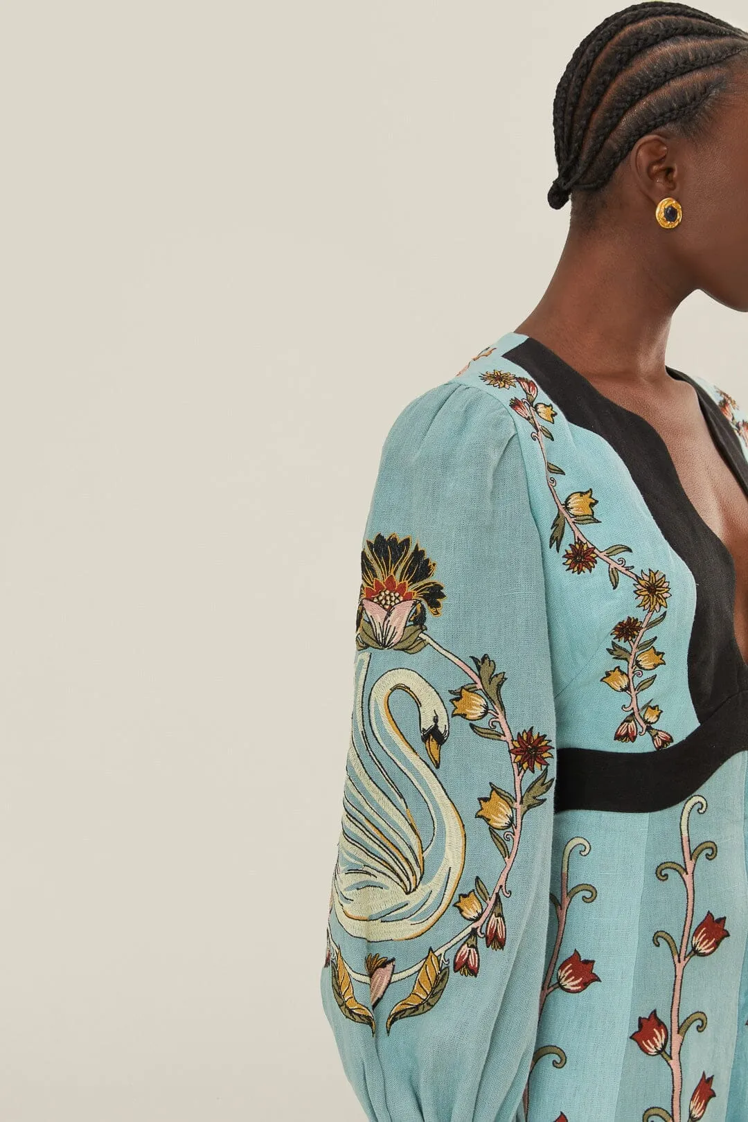 Soft Flow Blue Flowing Beauty Embroidered Long Sleeve Midi Dress