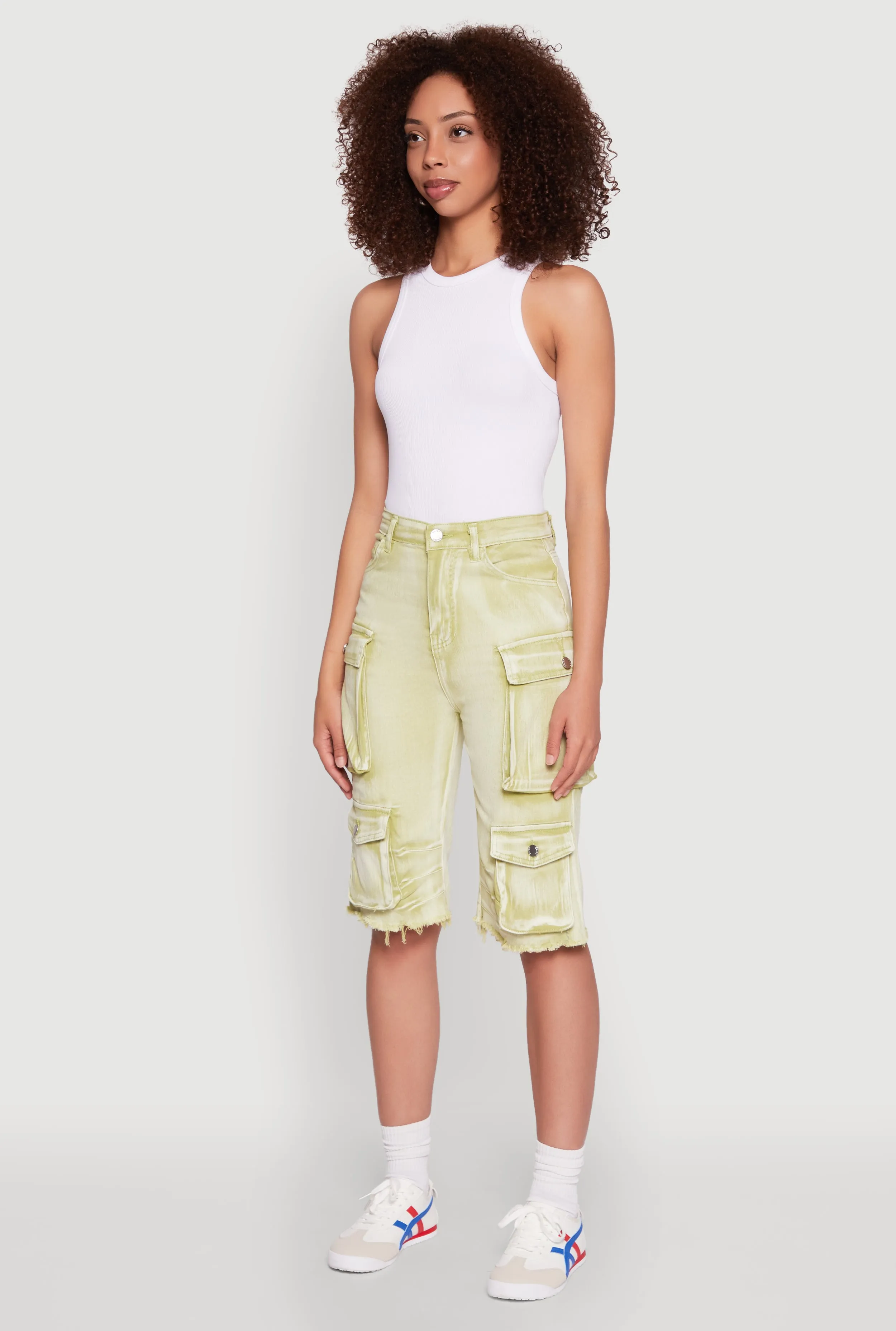 Daisy Acid Wash Raw Hem Utility Bermuda Shorts Anti Snag Fabric