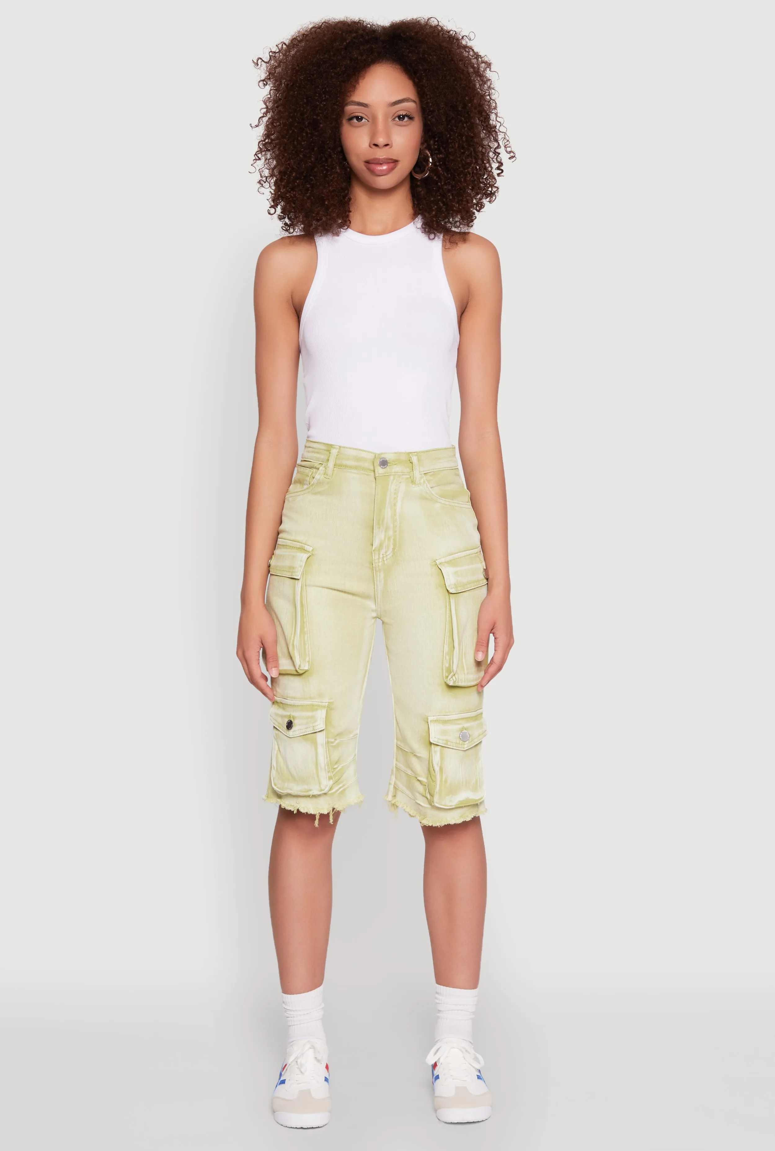 Weekend Outing Daisy Acid Wash Raw Hem Utility Bermuda Shorts