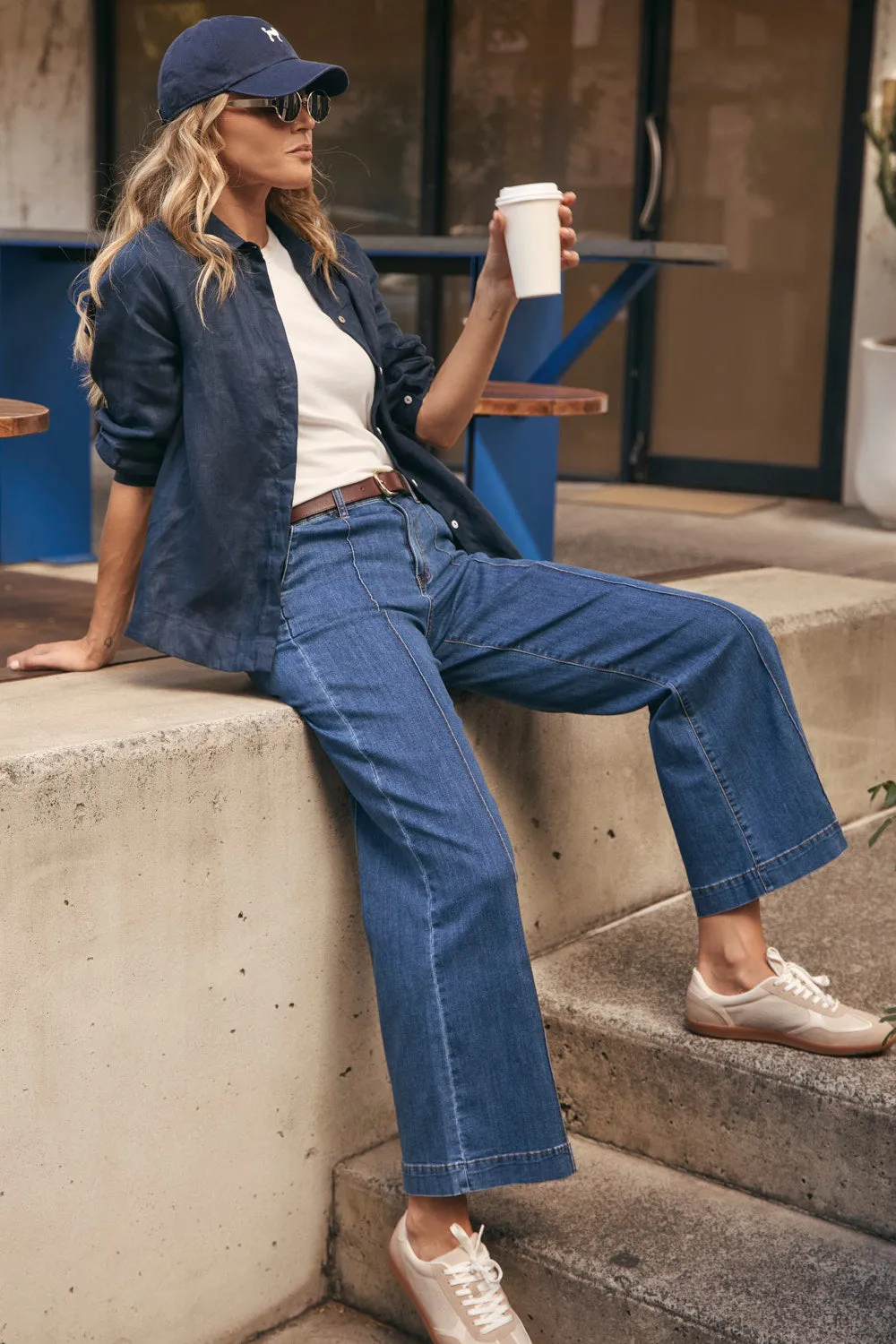 Adrift Denim Wide Leg Jeans in Mid Wash quick dry Smart Casual Classic Wear
