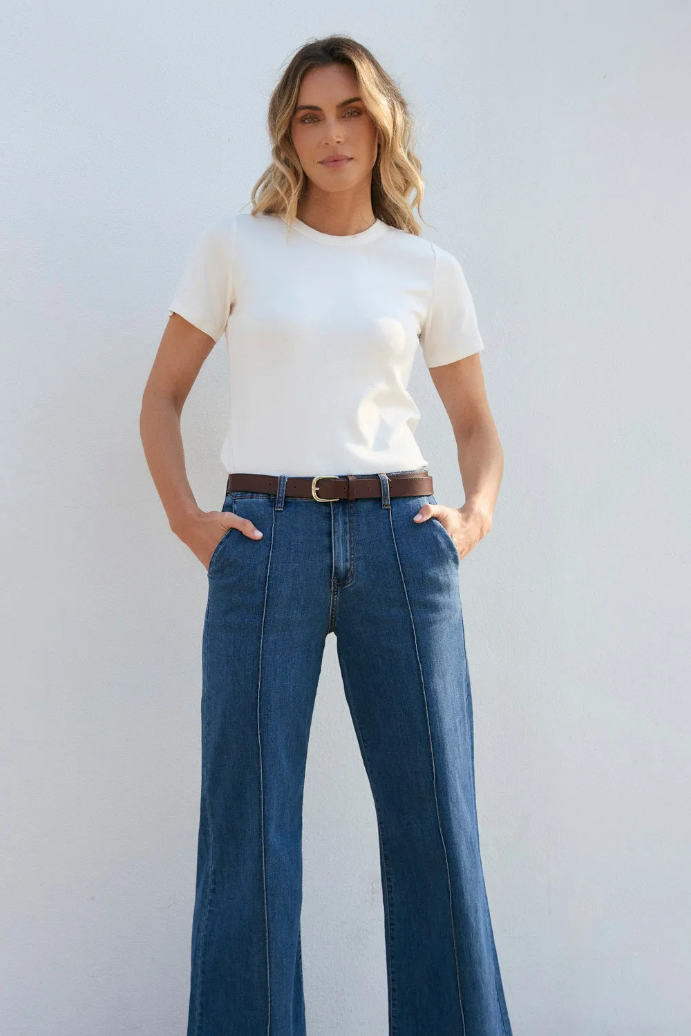 Low Impact Processing Always Fits Adrift Denim Wide Leg Jeans in Mid Wash