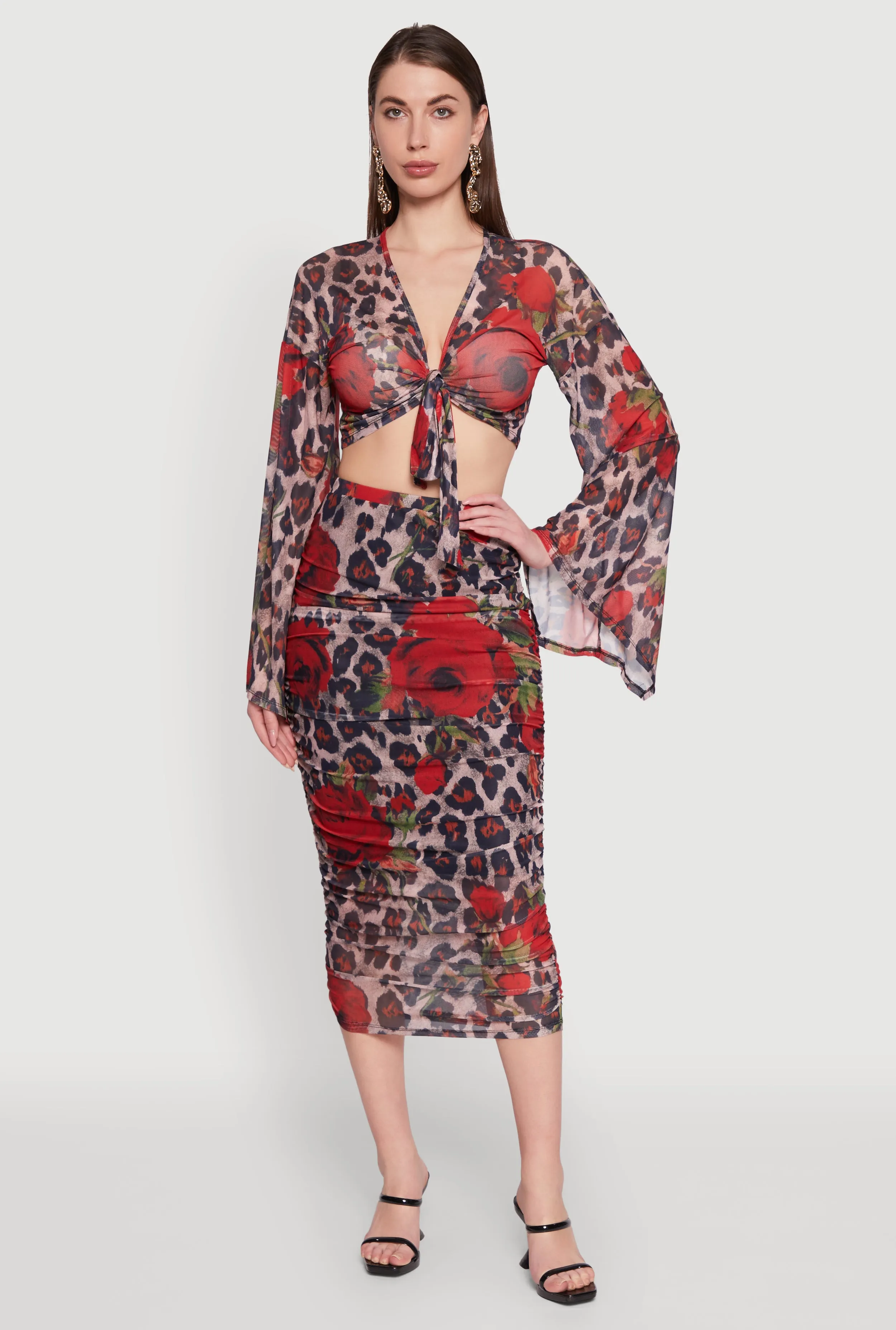 Mesh Jaguar Rose Print Ruched Skirt Hemp Blend