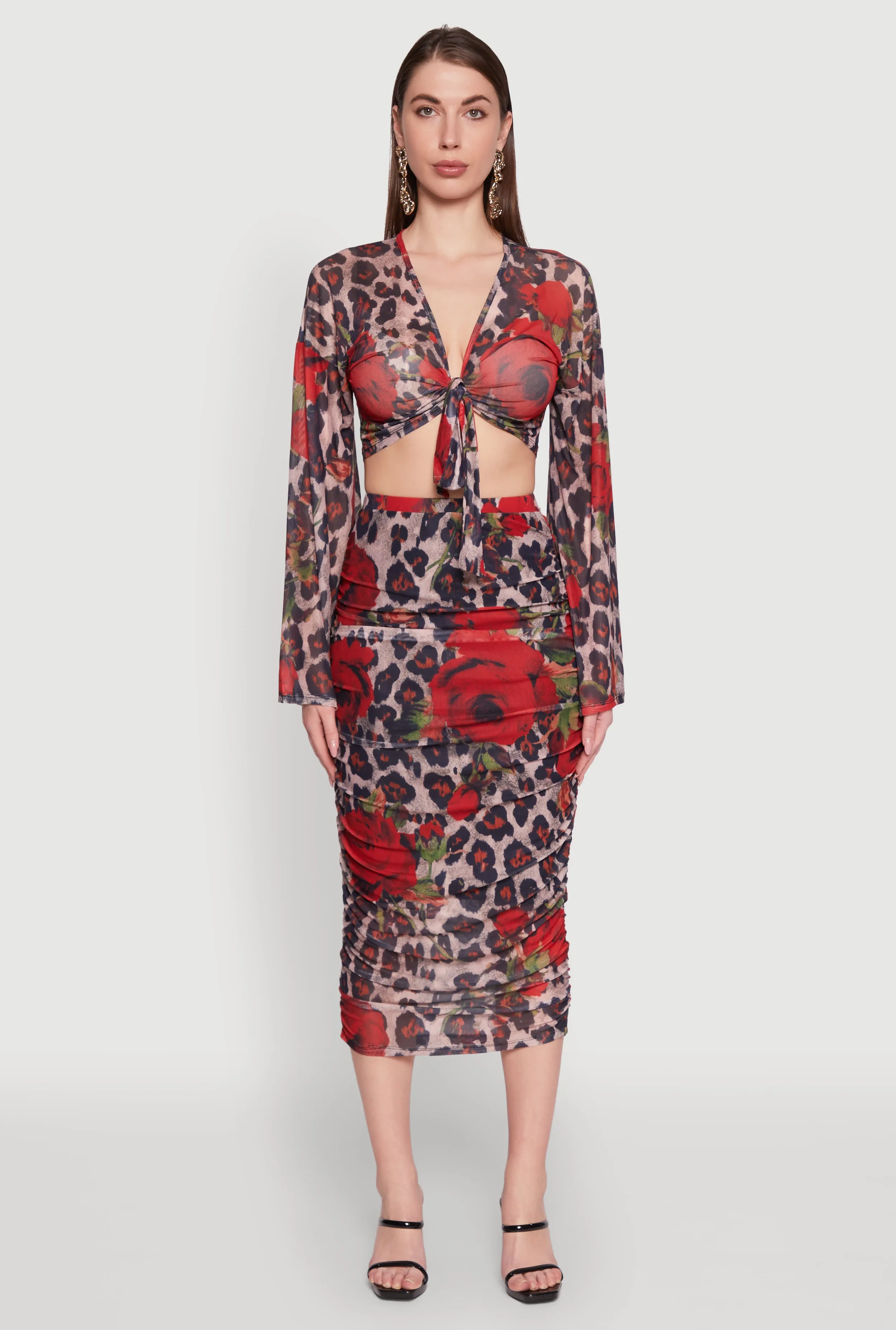 A line Mesh Jaguar Rose Print Ruched Skirt