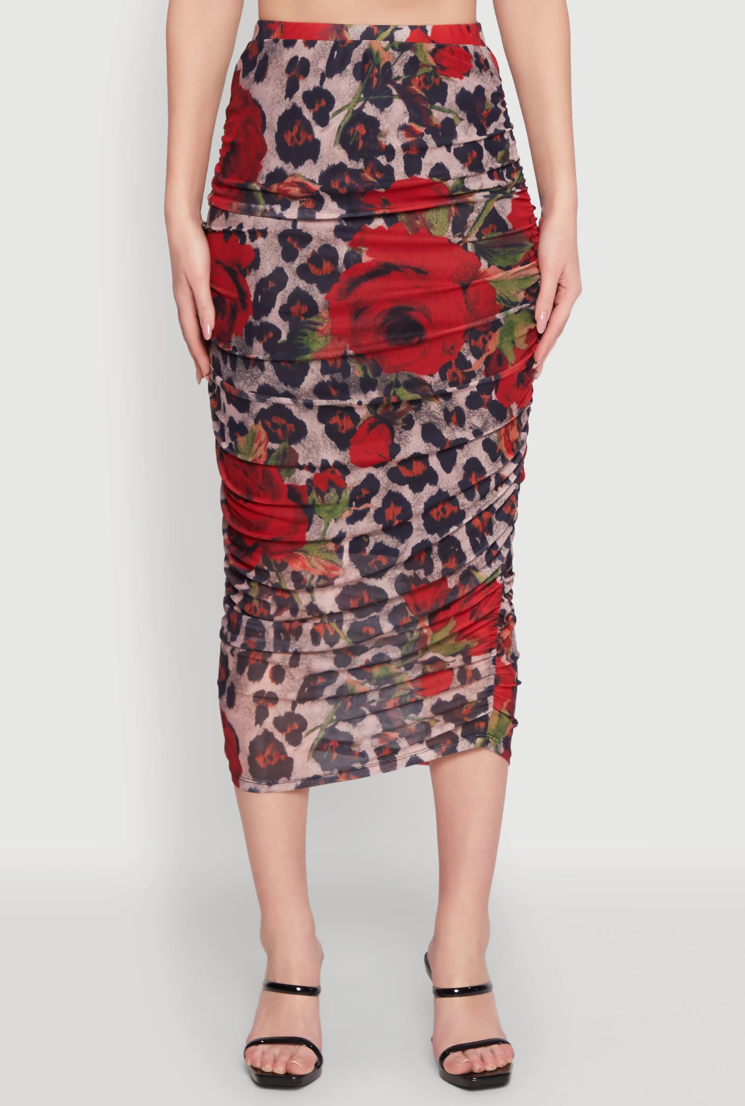 Mesh Jaguar Rose Print Ruched Skirt Collaboration Piece High low hem