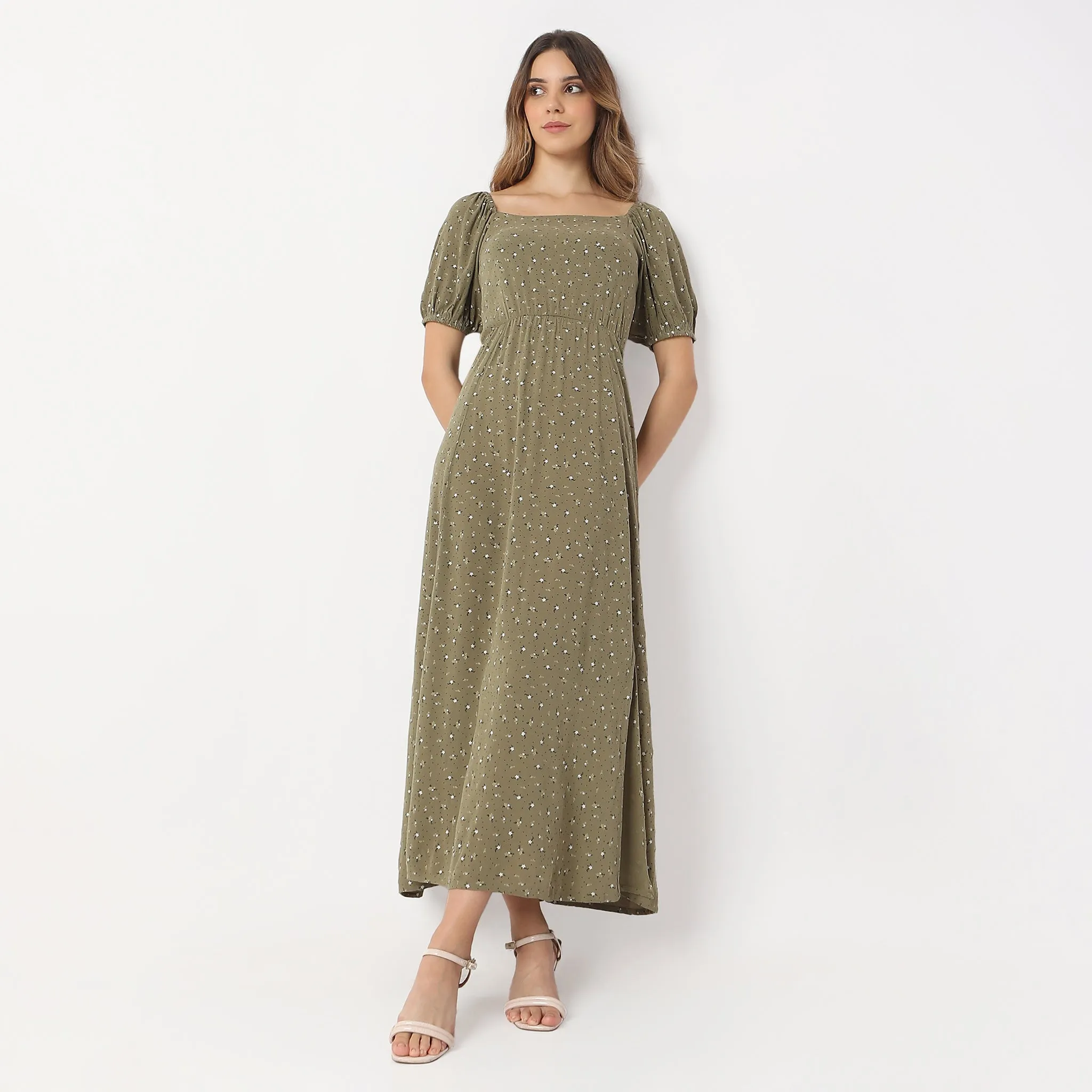 Sky Mood Island Vibe Flare Fit Printed Ankle Length Square Neck Betty Long Dress