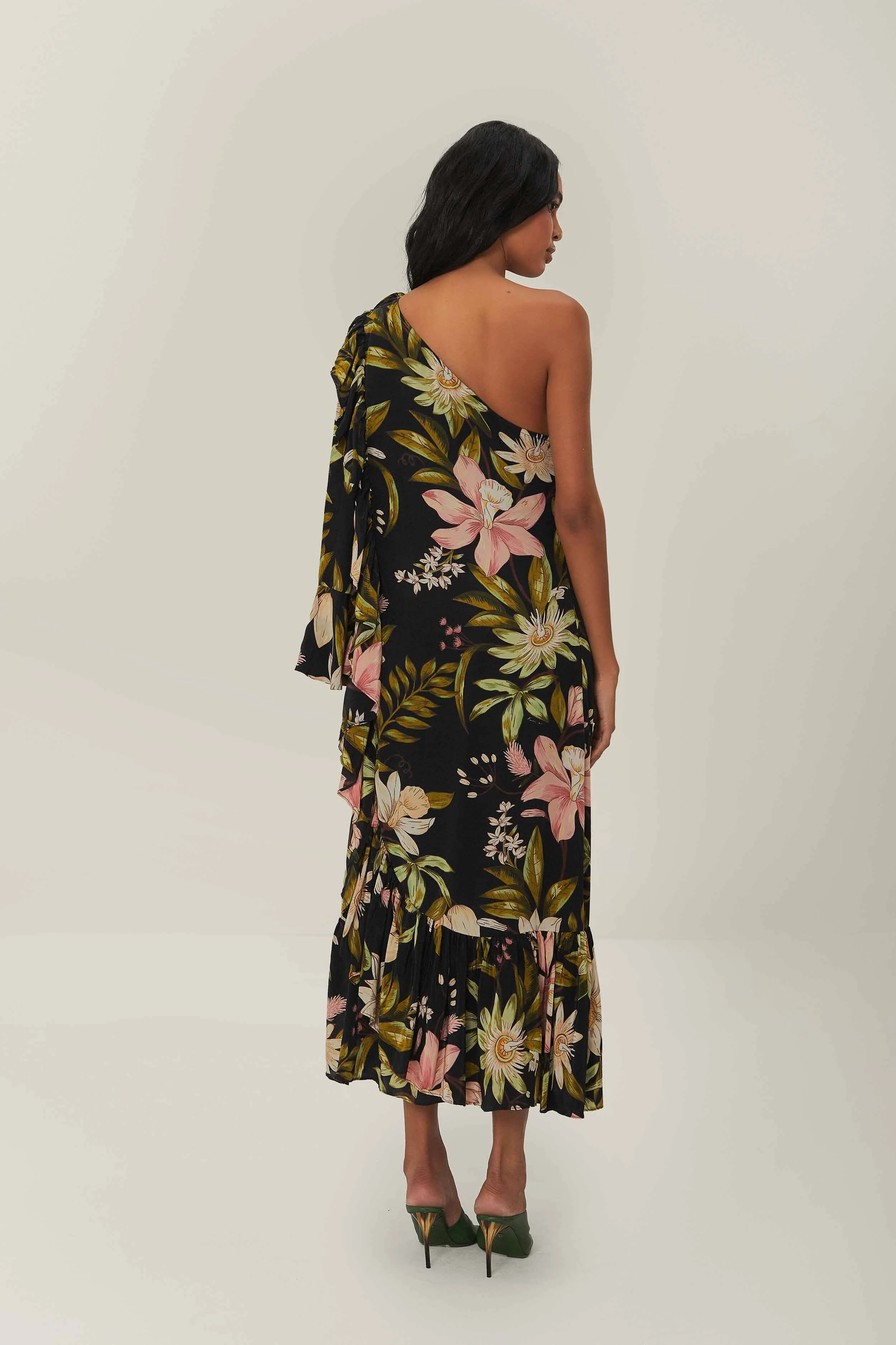 Black Surreal Flowers One-Shoulder Maxi Dress Sun shield