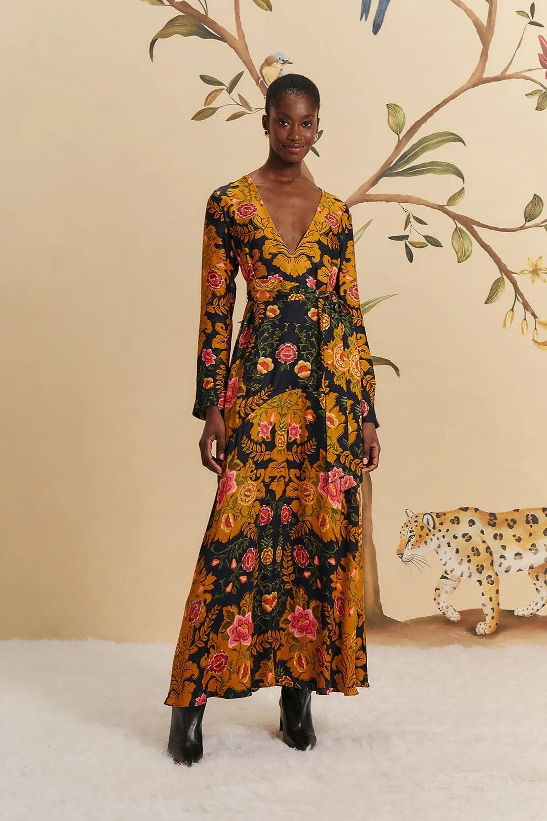 Cold Cozy Black Arabesque Floral LENZING? ECOVERO? Viscose Maxi Dress