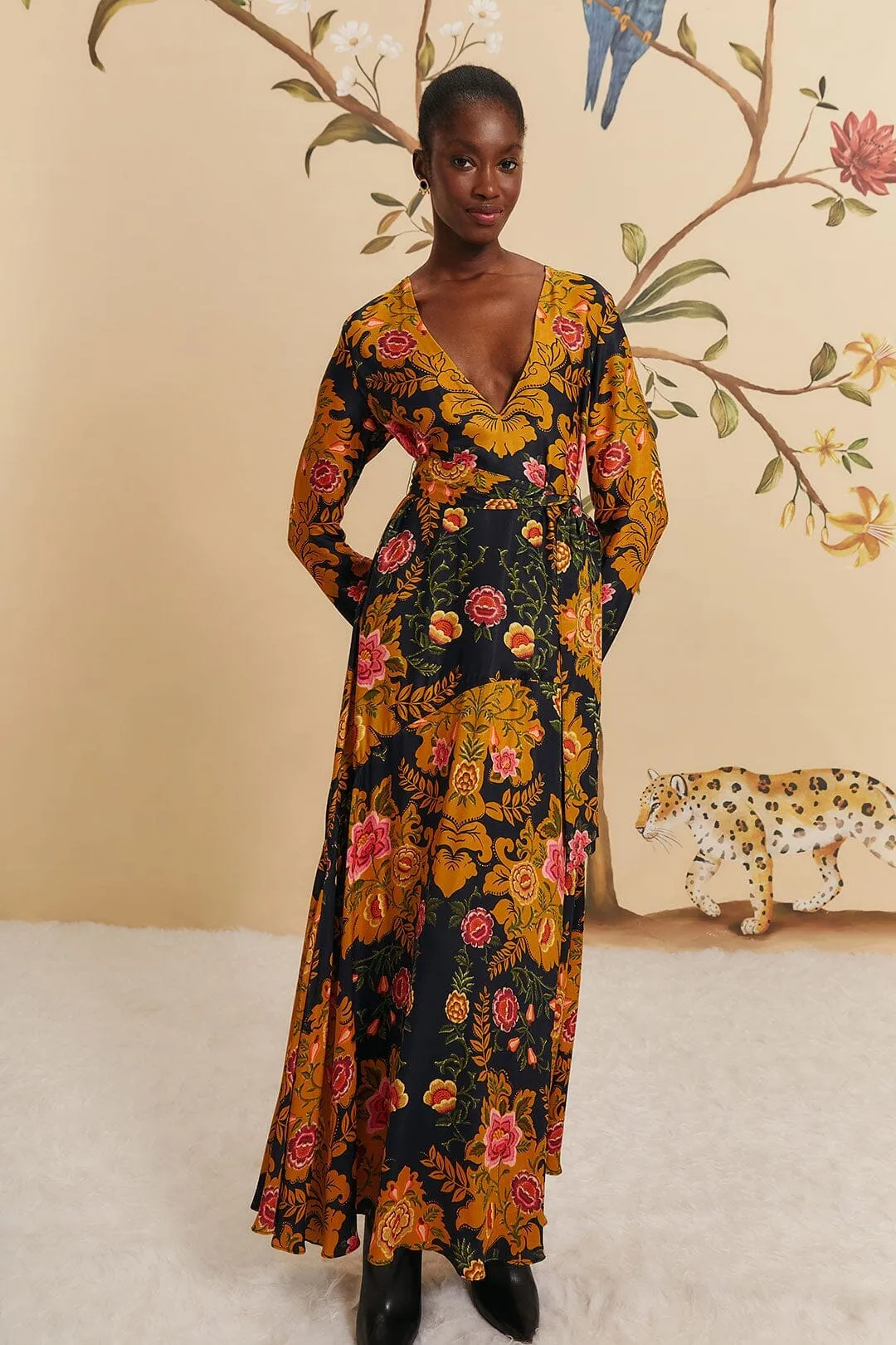 Black Arabesque Floral LENZING? ECOVERO? Viscose Maxi Dress Linen Glow Cold Cozy