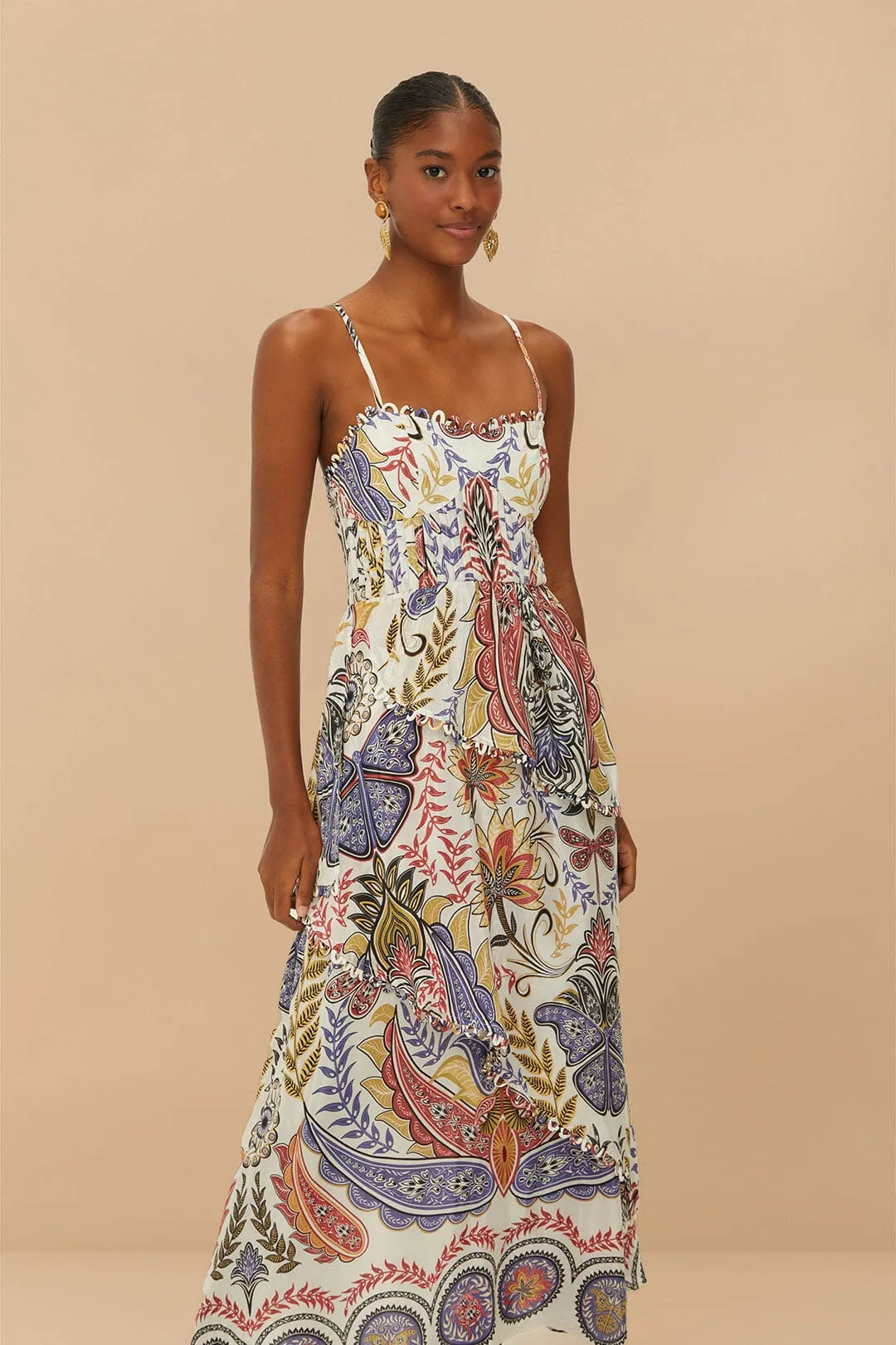 Off-White Boho Glam Loopy Trim Maxi Dress The sleek lines of this maxi dress create a flattering and elegant look for any event Applique Glow