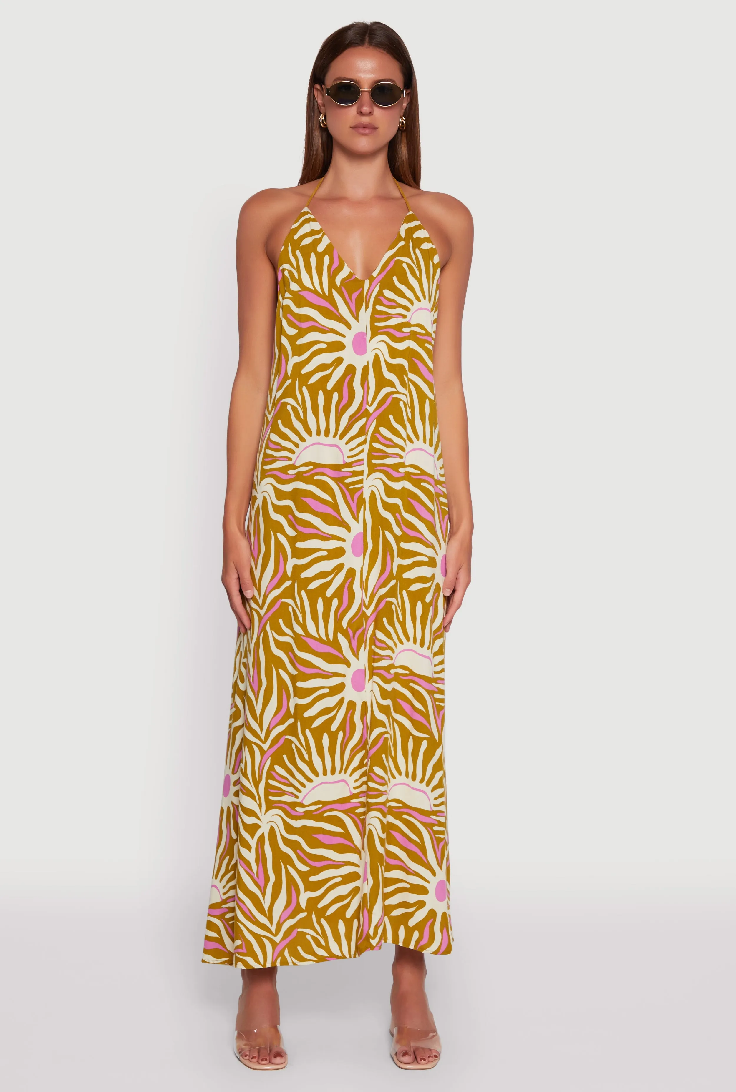 Sun Print Caged Low Back Rope Halter Maxi Dress A-Line Cut The relaxed fit of this maxi dress ensures all-day comfort while maintaining a stylish look