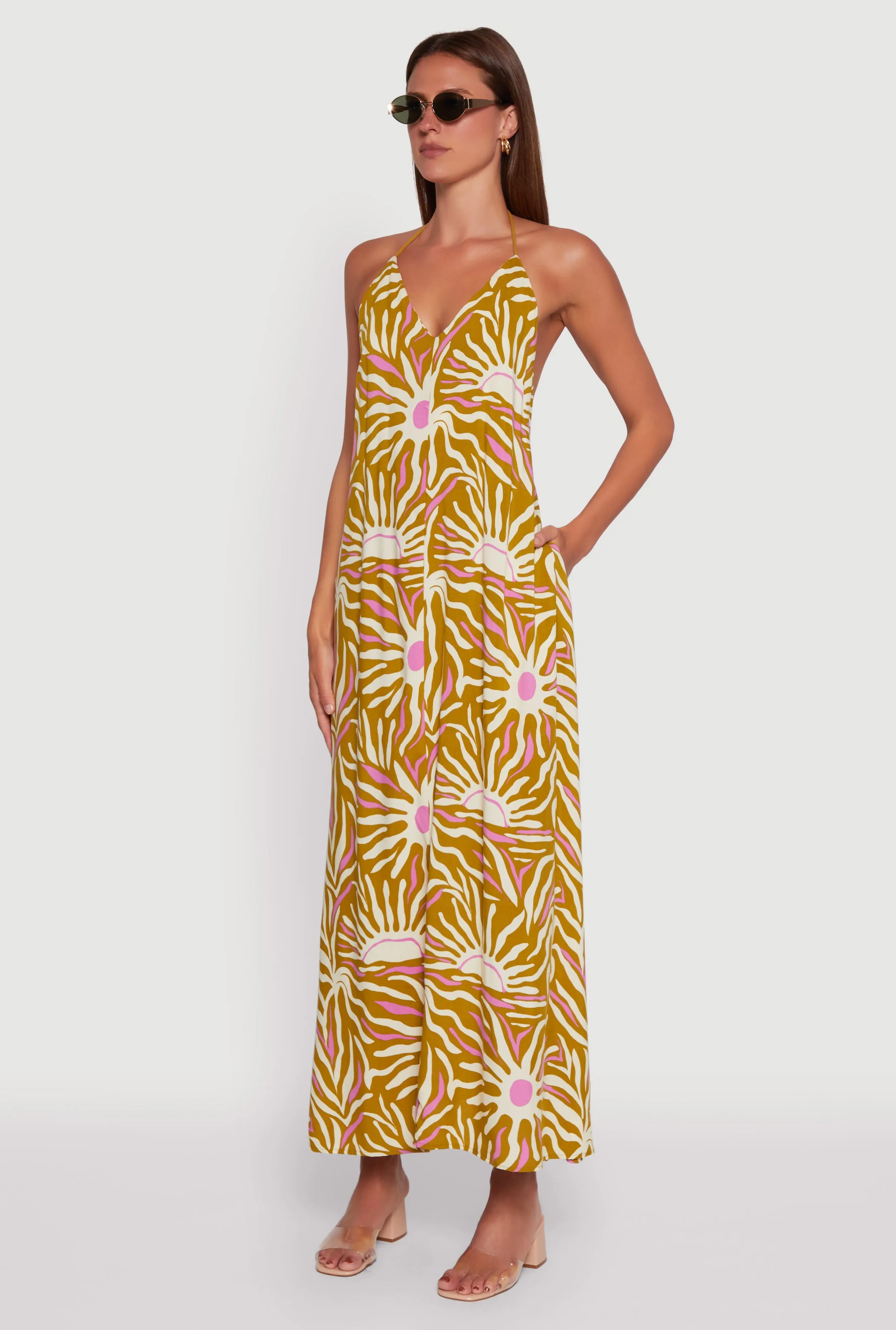 Sun Print Caged Low Back Rope Halter Maxi Dress Creek View