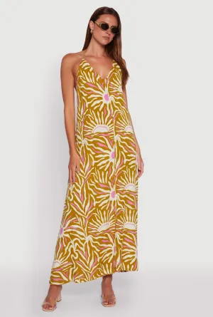 wrap waist Wild Air Sun Print Caged Low Back Rope Halter Maxi Dress