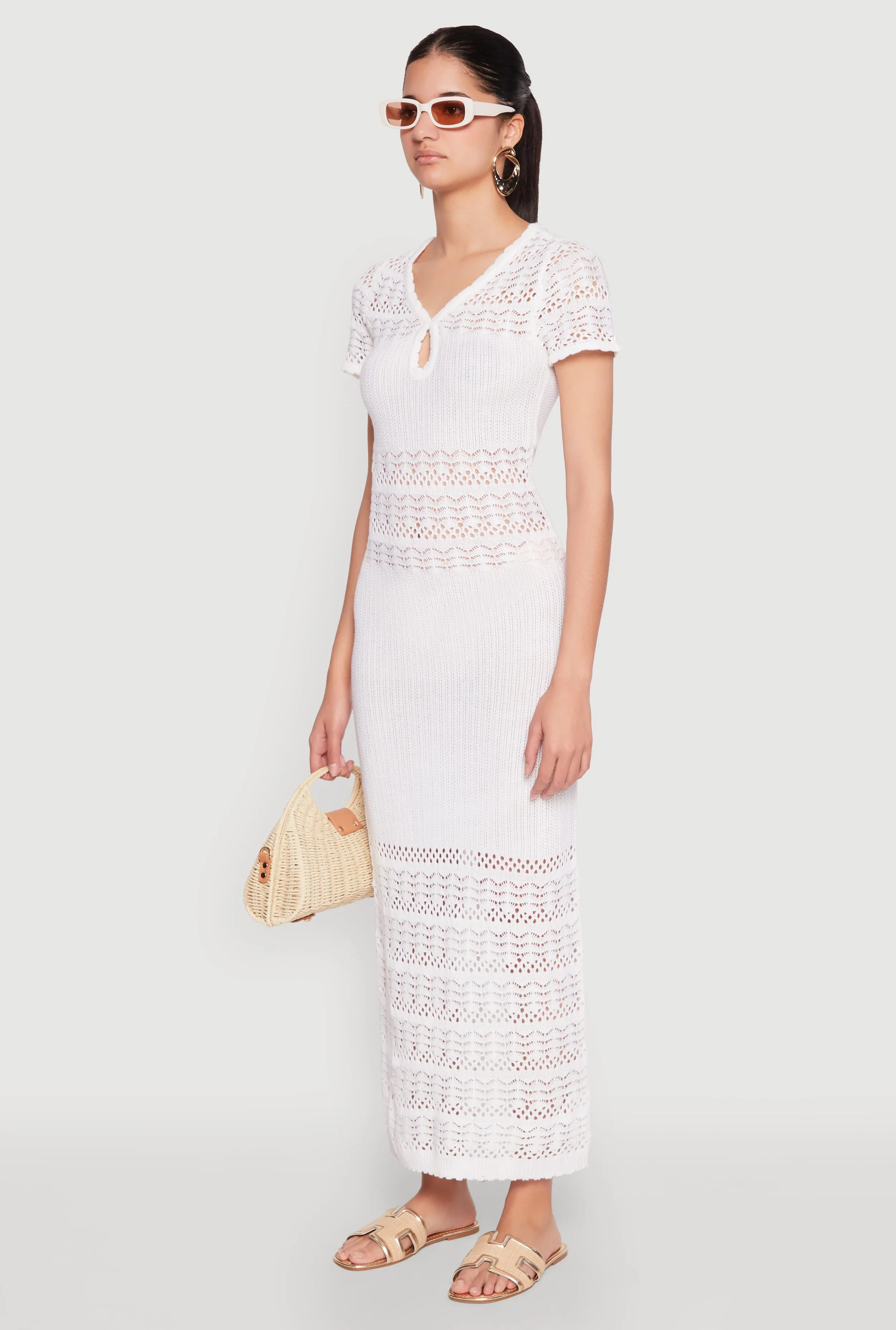 Bead Shine Almost Famous Short Sleeve Pointelle Maxi Dress