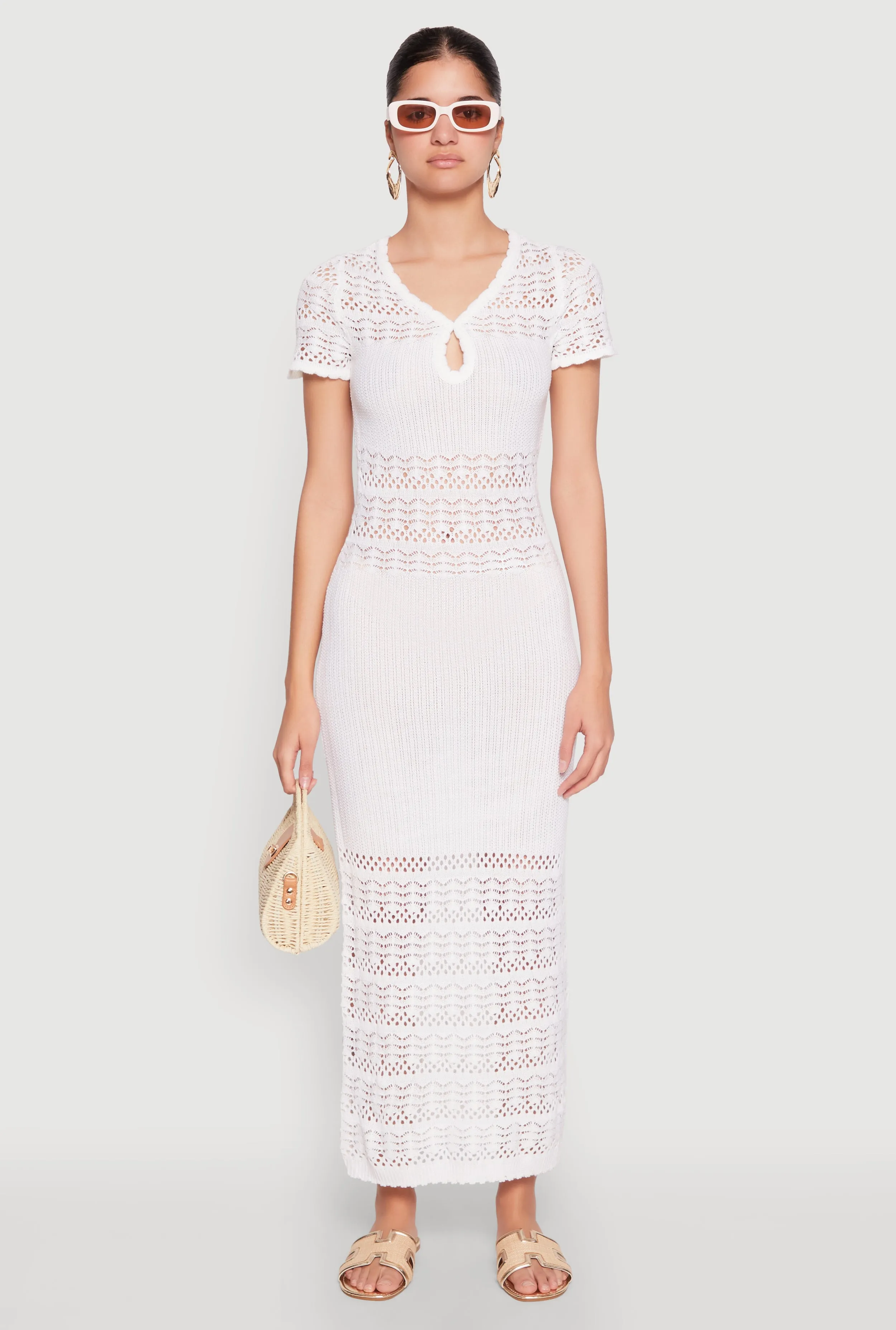 Sand Beige Forest Air Almost Famous Short Sleeve Pointelle Maxi Dress