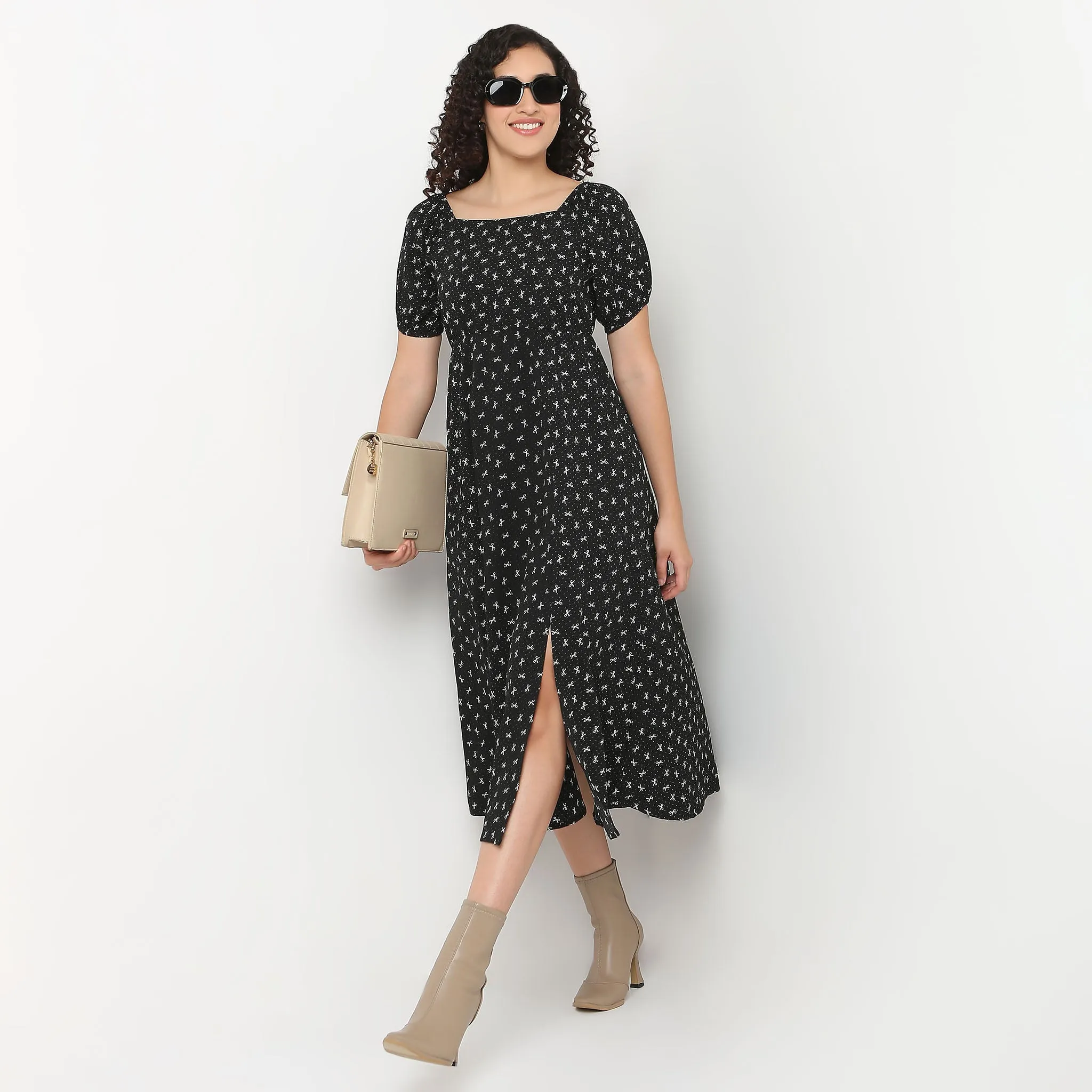 Peace Glow StretchableFabric Bow Print Flared Betty Dress