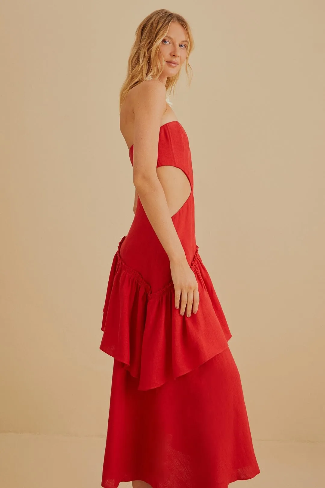 Layering friendly Red Cut Out Strapless Midi Dress