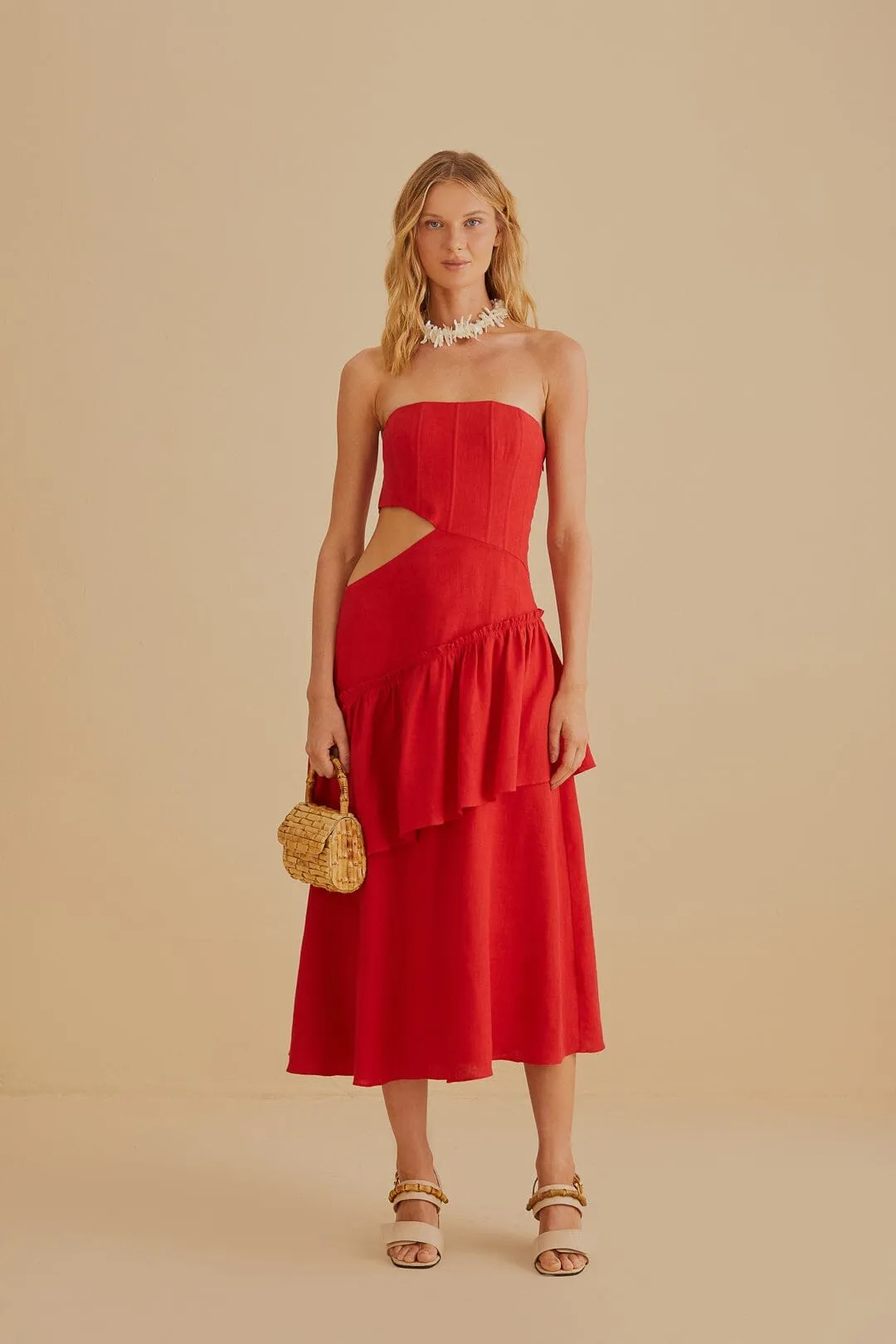 Joyful Self Red Cut Out Strapless Midi Dress