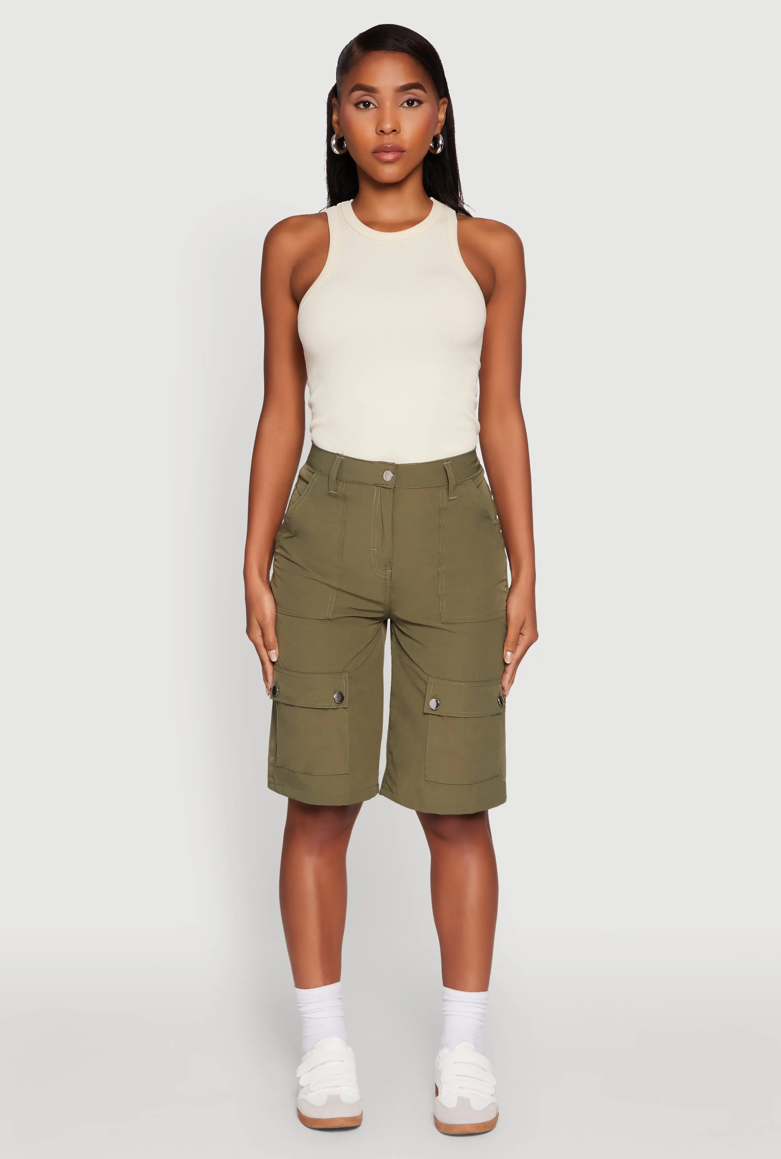 Vegan Leather Trendy High Waisted Nylon Cargo Shorts