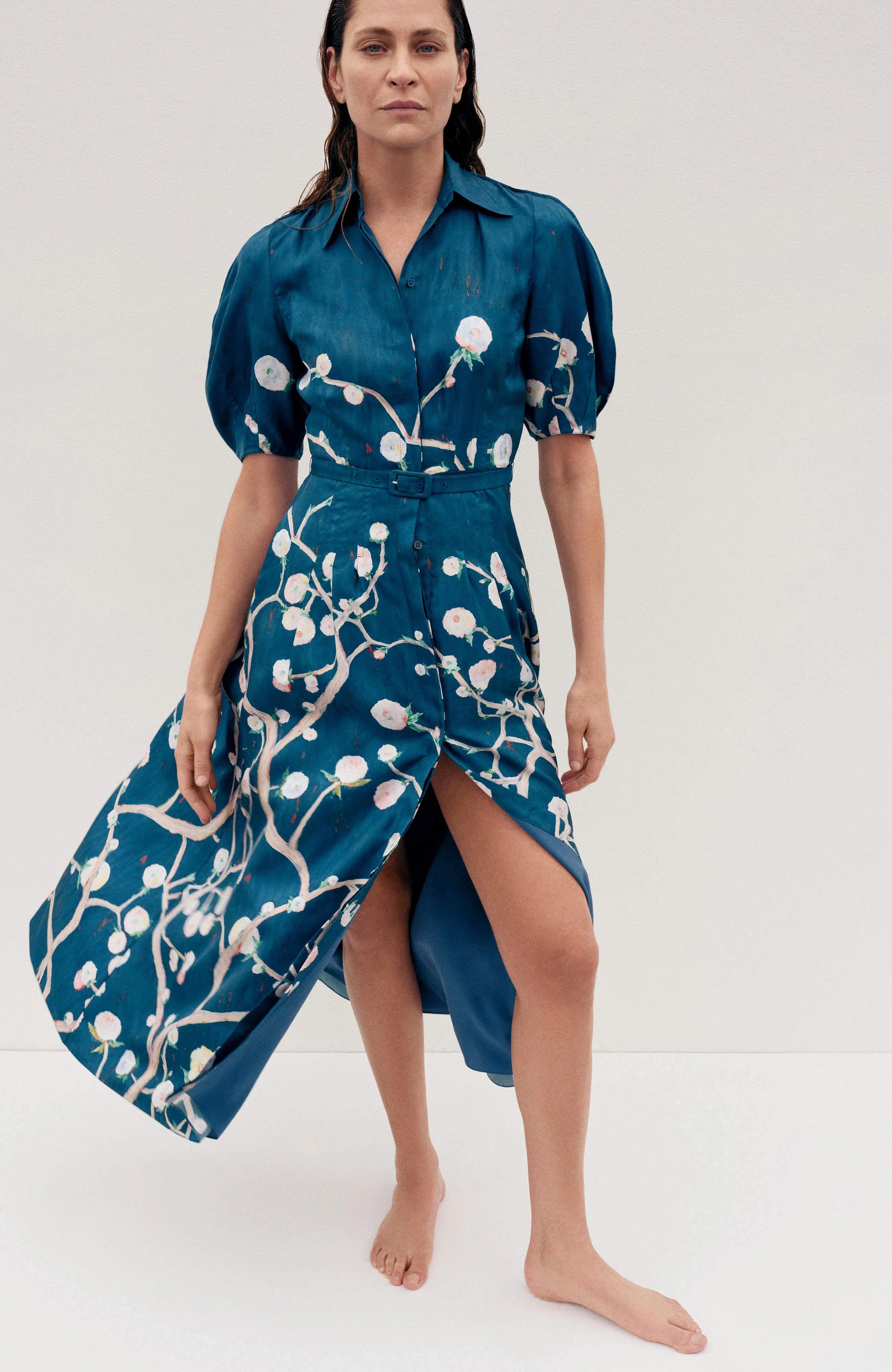 Windproof Fabric TearResistant Maude Pleated Midi Shirtdress in Blue Multi Printed Silk Twill