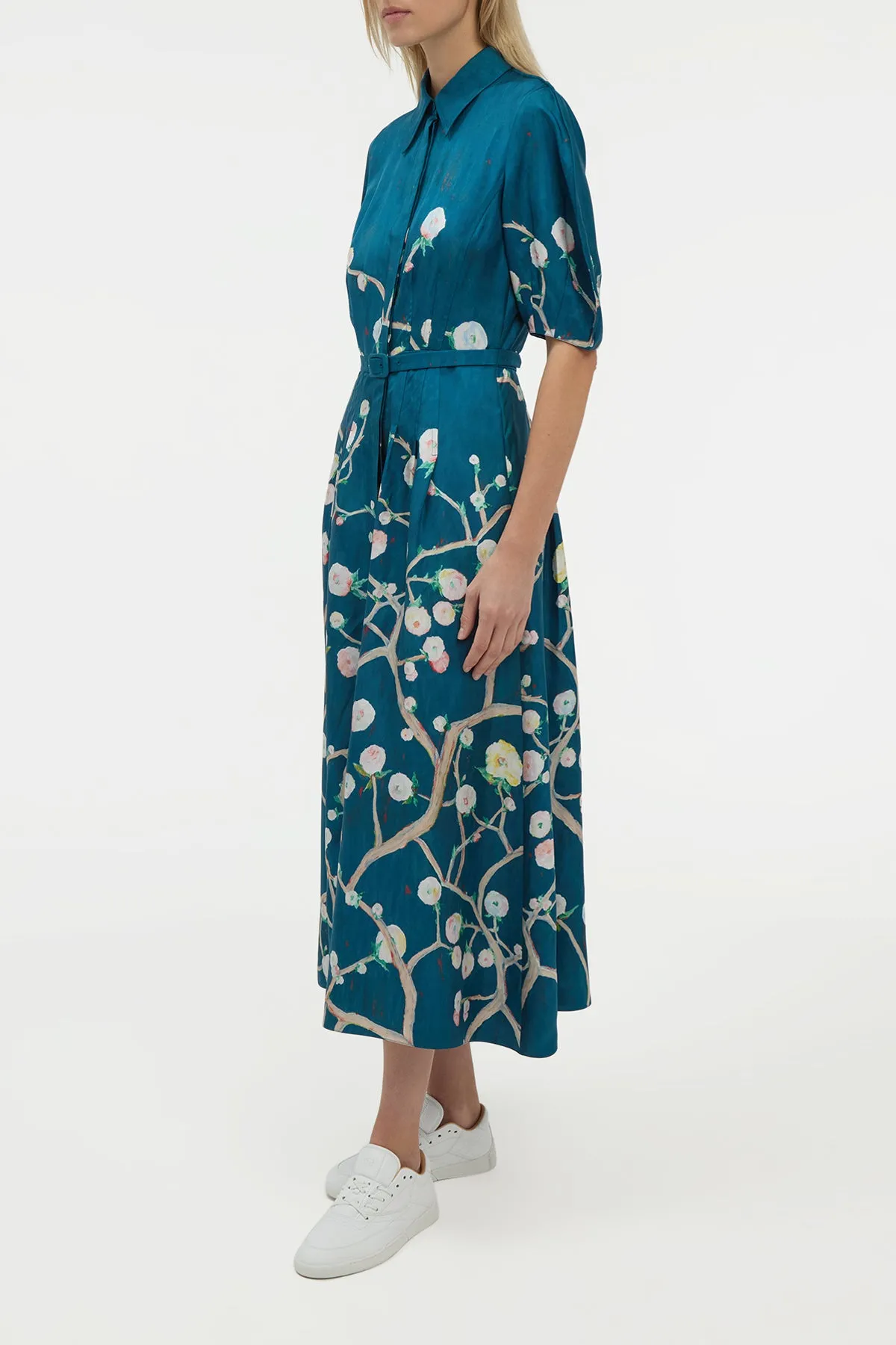 Maude Pleated Midi Shirtdress in Blue Multi Printed Silk Twill Ship Glow Recycled Fit