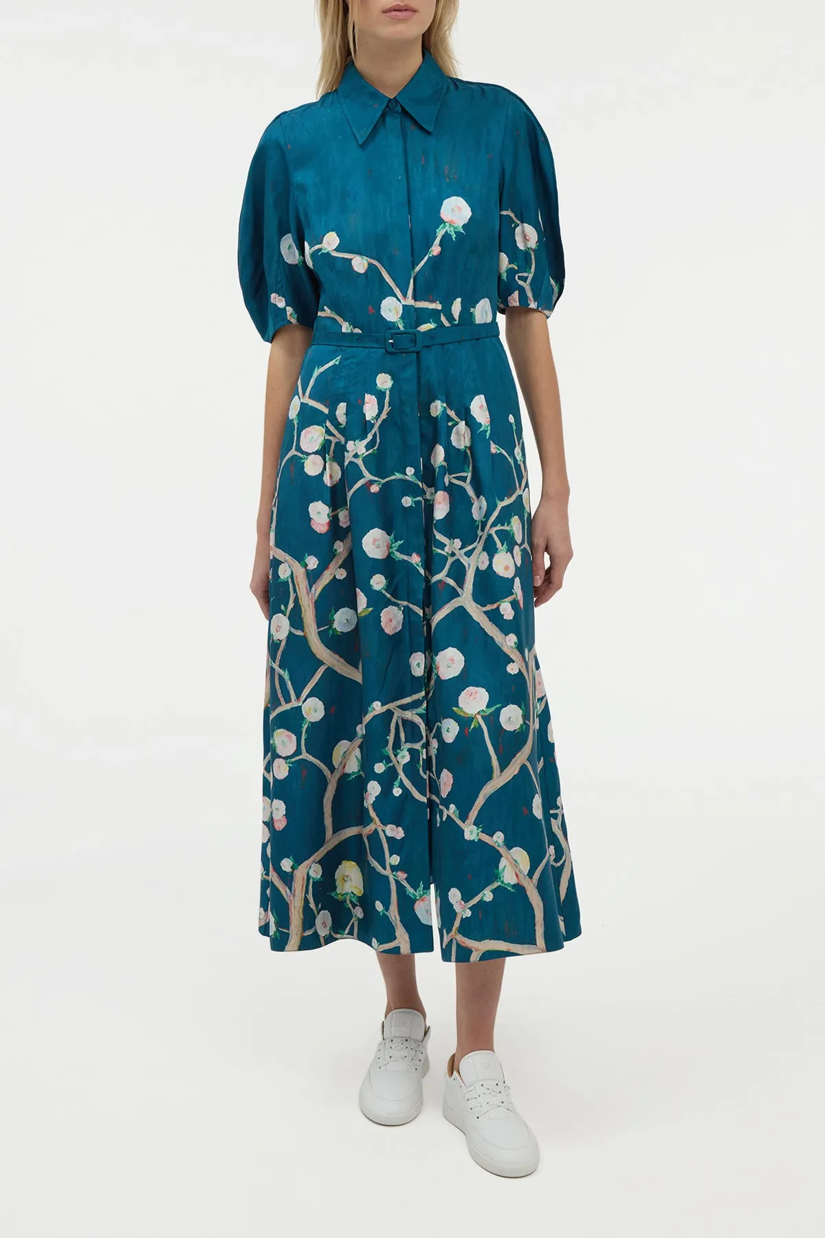 OdorControlClothing Maude Pleated Midi Shirtdress in Blue Multi Printed Silk Twill