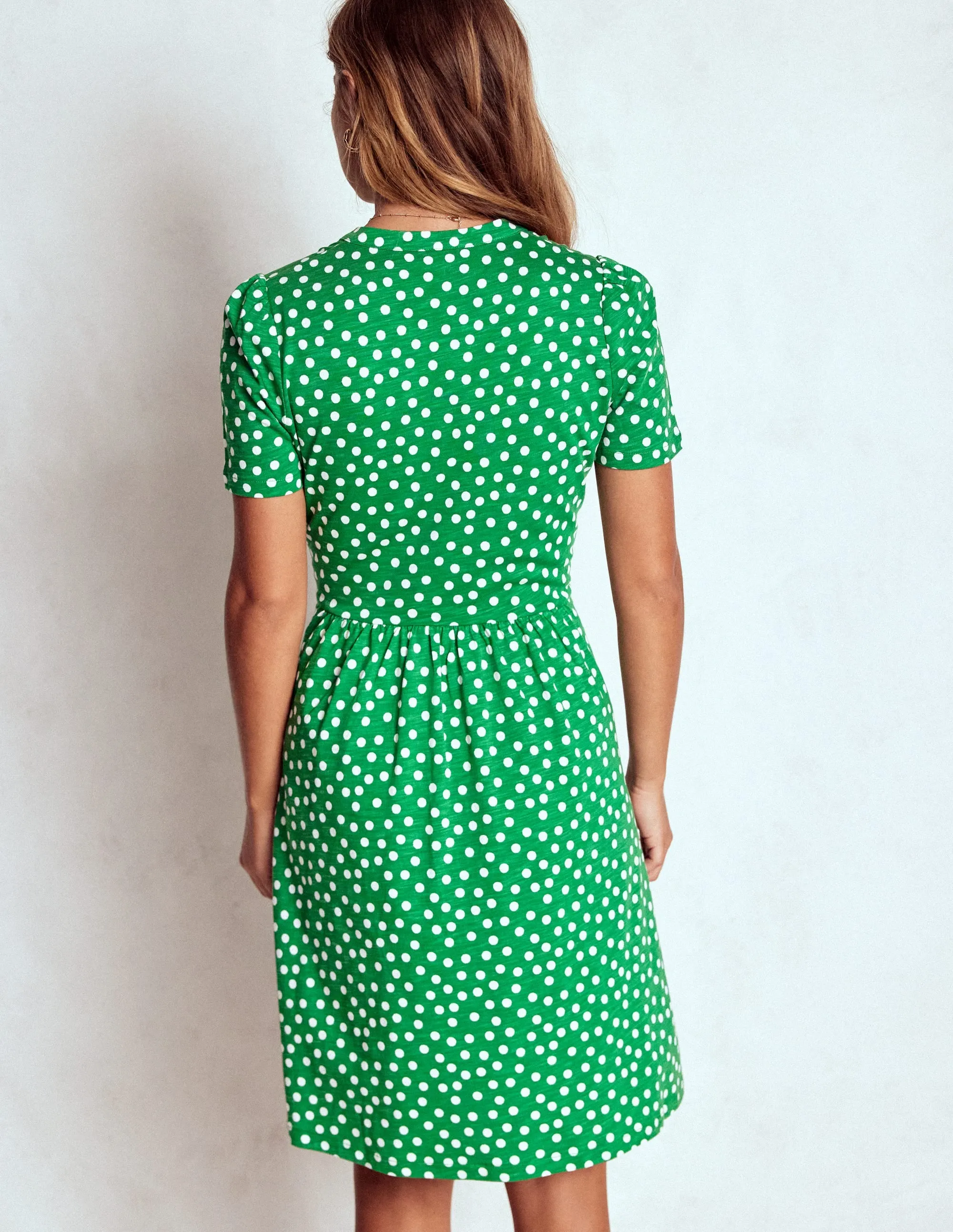 UPF Sun Protection Naomi Short Sleeve Dress-Highland Green, Painted Dot