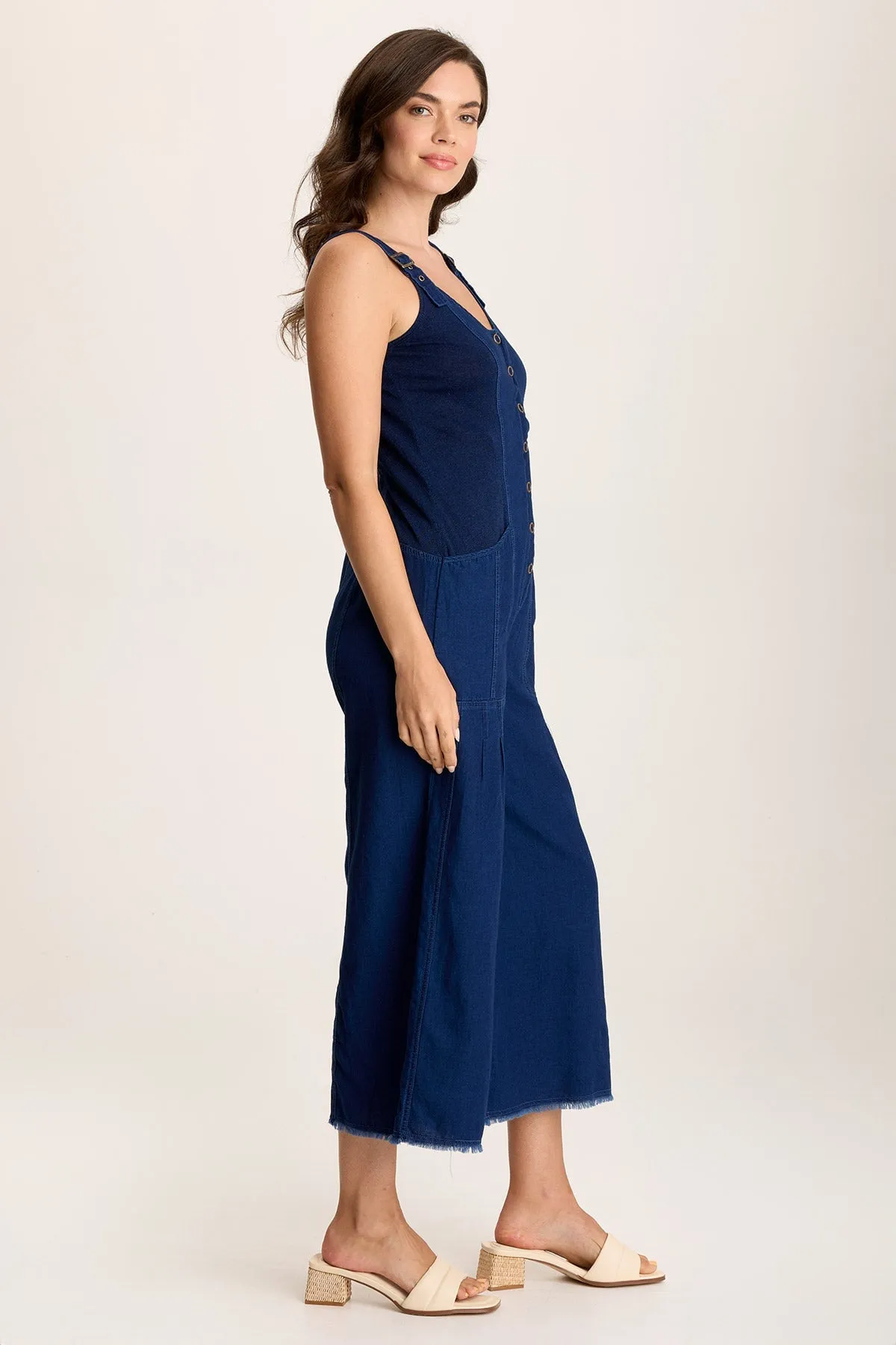 Handmade Glow Stretchable Material Jalila Mock-Denim Jumpsuit in Indigo Twill