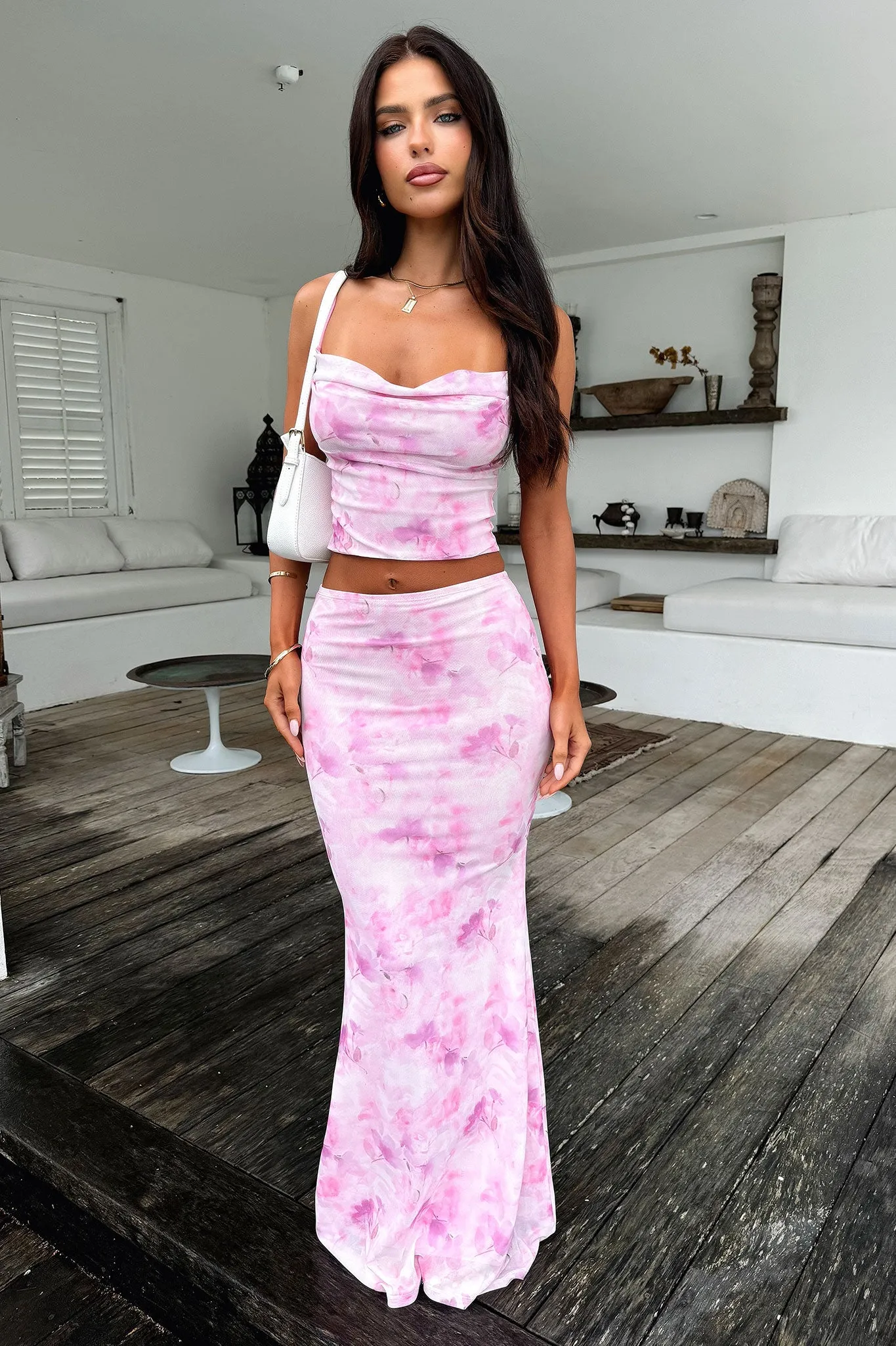 Ryleigh Maxi Skirt - Pink Floral Bold Print Daytime Look
