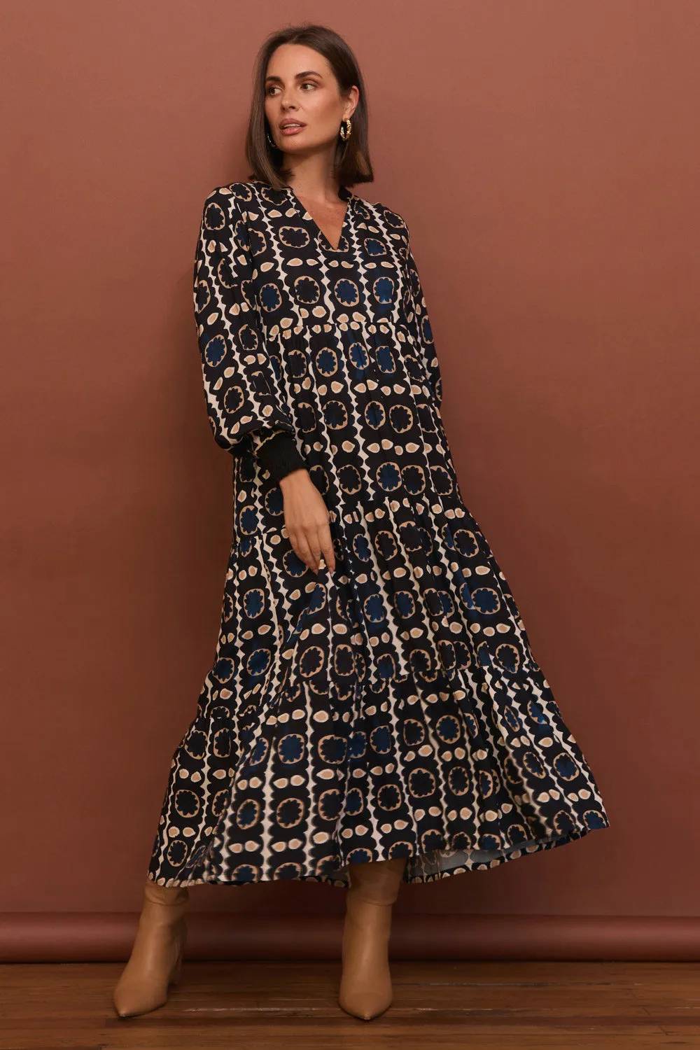 Sabre V-Neck Dress in Athena Stunning beach maxi dress Puff Sleeve