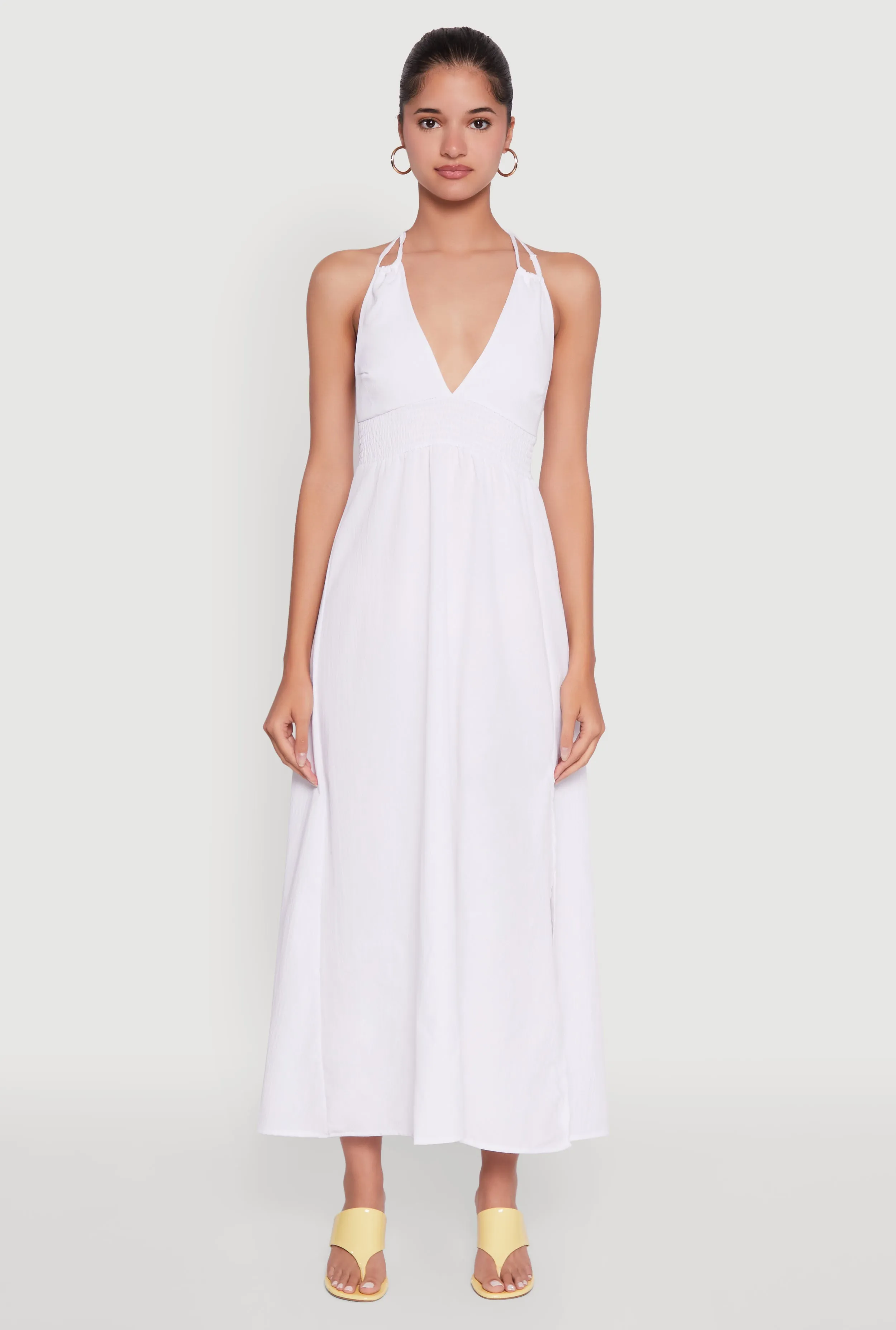 Trendy Plunge Halter Tie Maxi Dress with Criss Cross Back Straps Crystal Shine