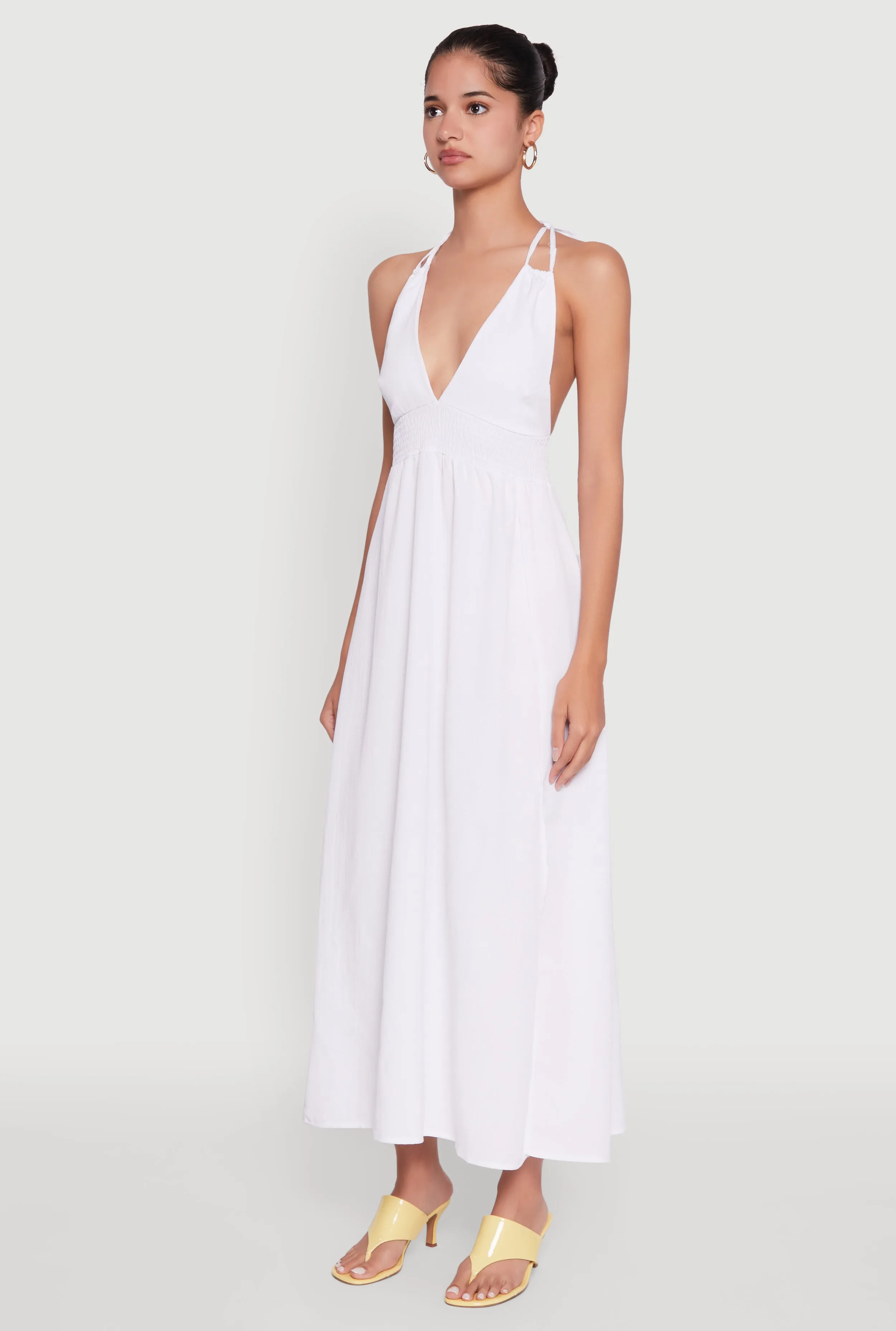 Trendy Plunge Halter Tie Maxi Dress with Criss Cross Back Straps Turquoise Glow