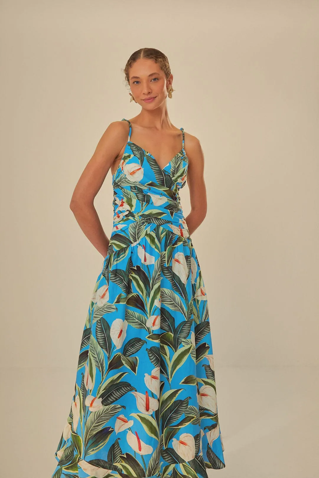 Cold Cozy Beige Glow Blue Anthurium Garden LENZING? ECOVERO? Euroflax? Maxi Dress