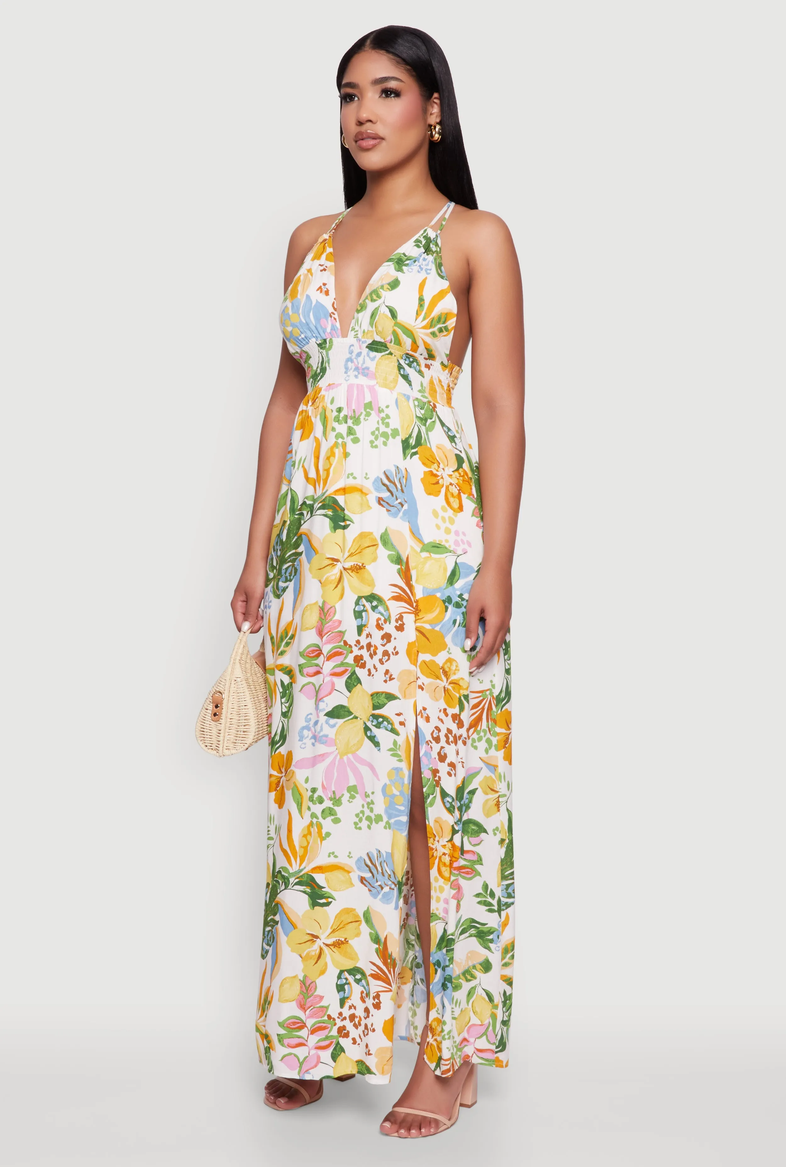 Chic Floral Sleeveless Sundress with Side Slit and Caged Back Lantern Glow Spanish Heat
