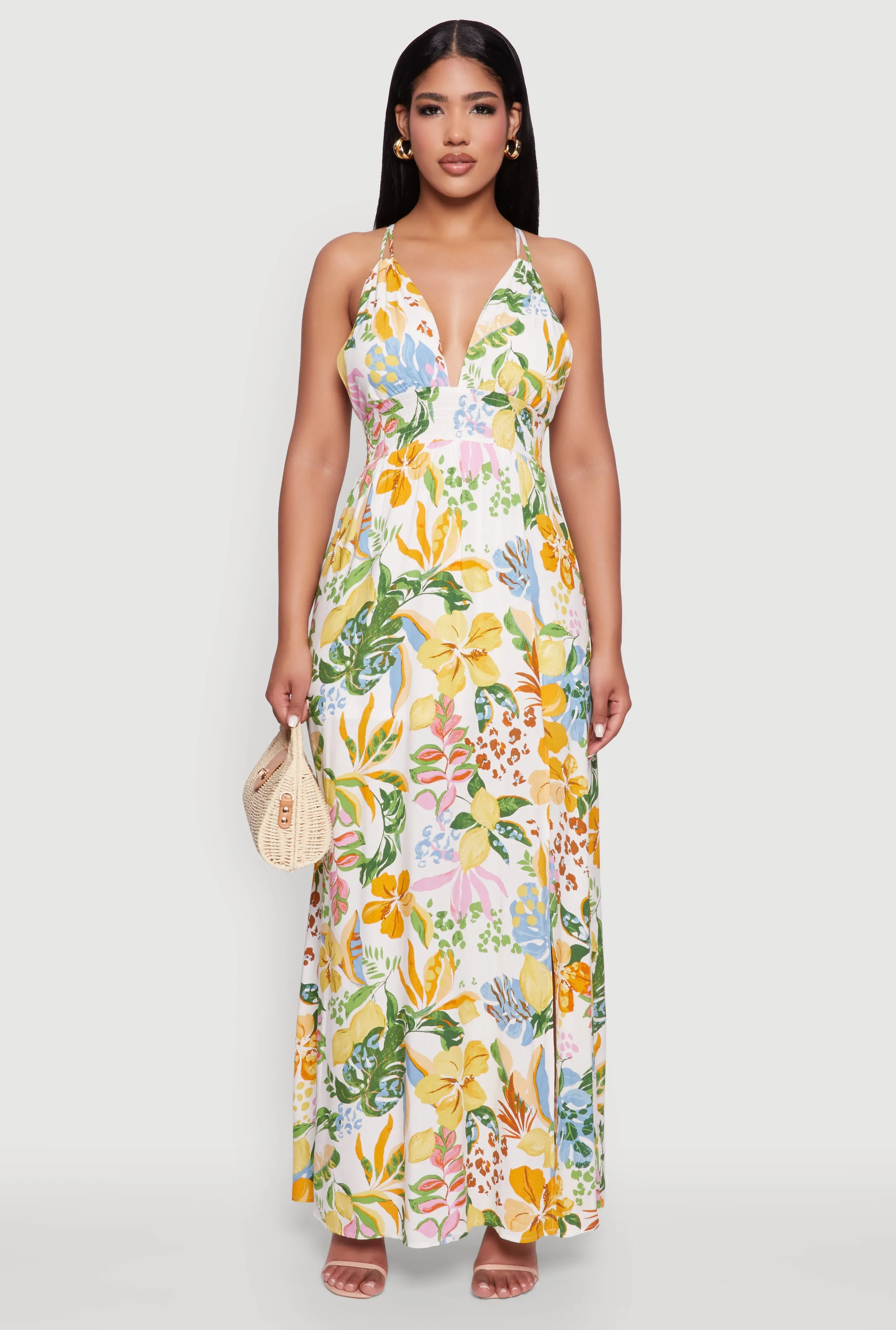 Chic Floral Sleeveless Sundress with Side Slit and Caged Back Dye Glow