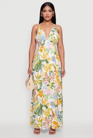 Chic Floral Sleeveless Sundress with Side Slit and Caged Back Dye Glow