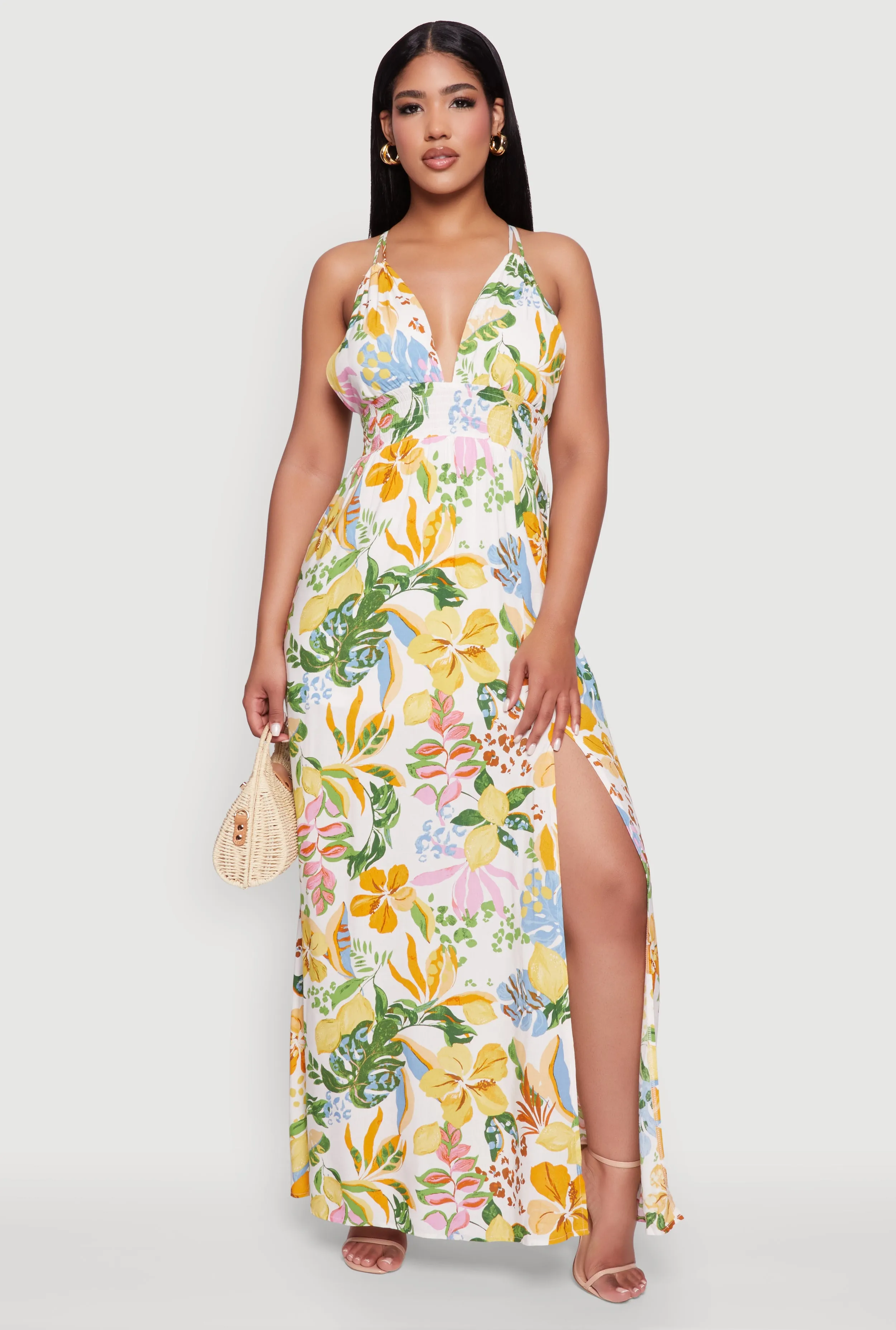 Twill Smooth Fire Glow Chic Floral Sleeveless Sundress with Side Slit and Caged Back