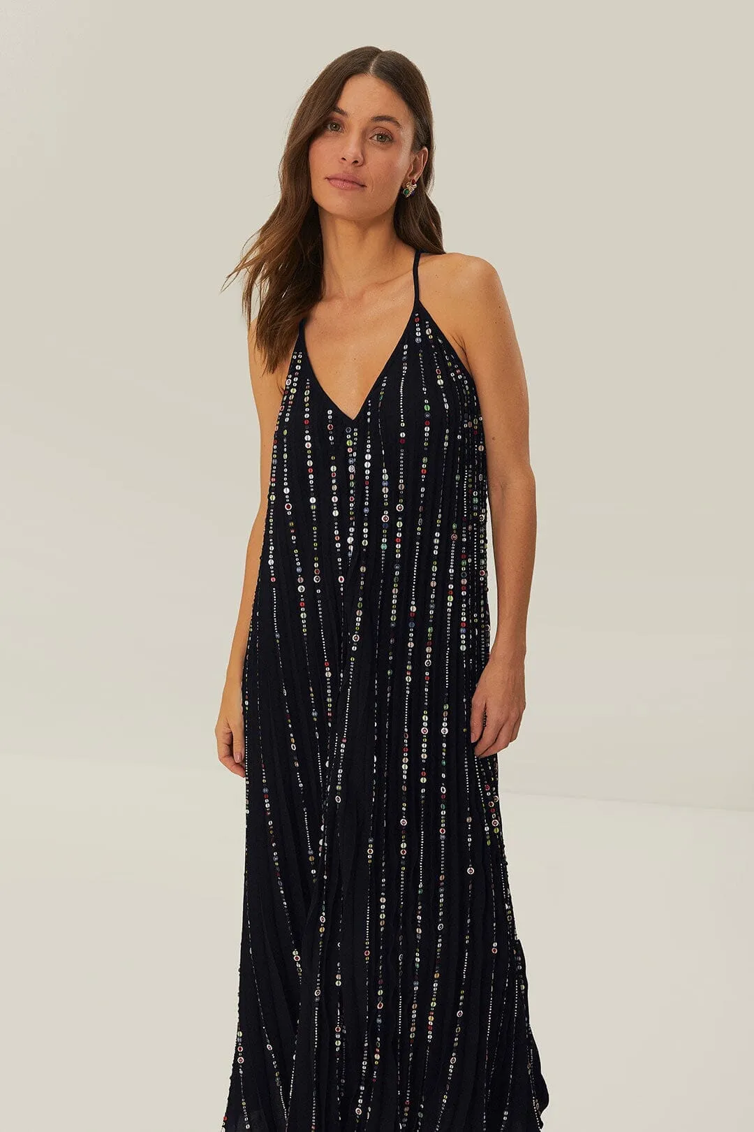 Sunrise Feel Black Embroidered Stones Pleated Midi Dress