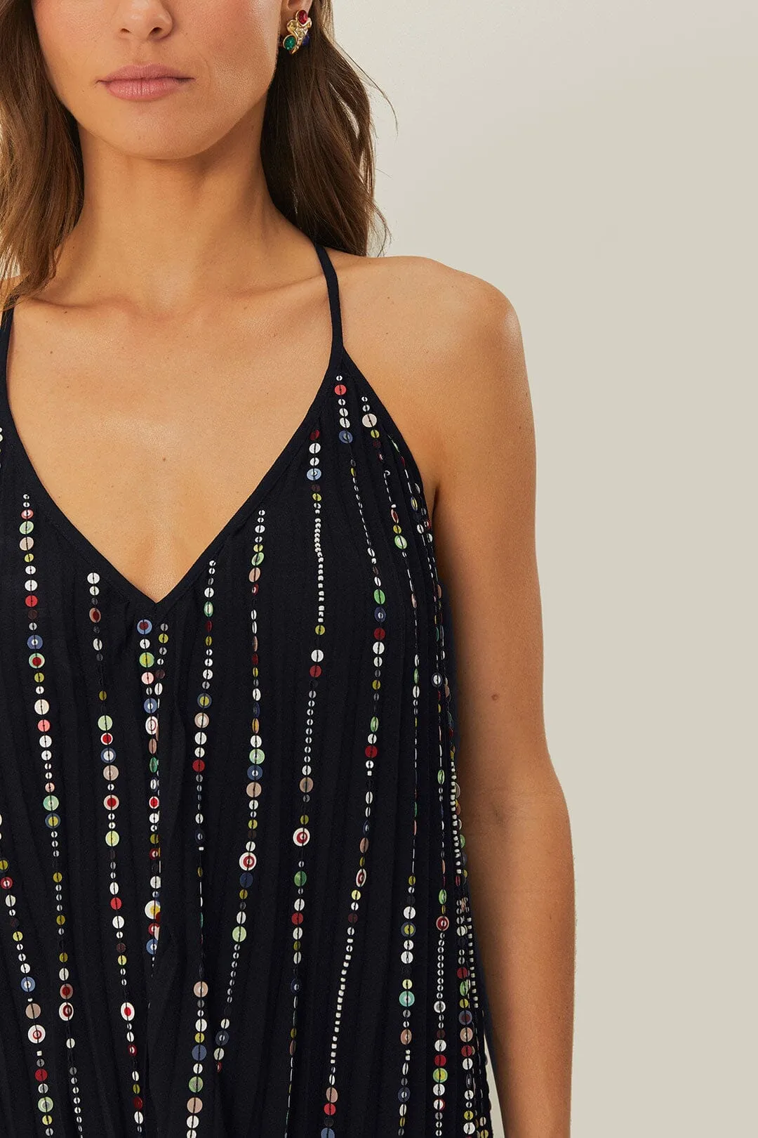 Relaxed fit knee-length piece Black Embroidered Stones Pleated Midi Dress
