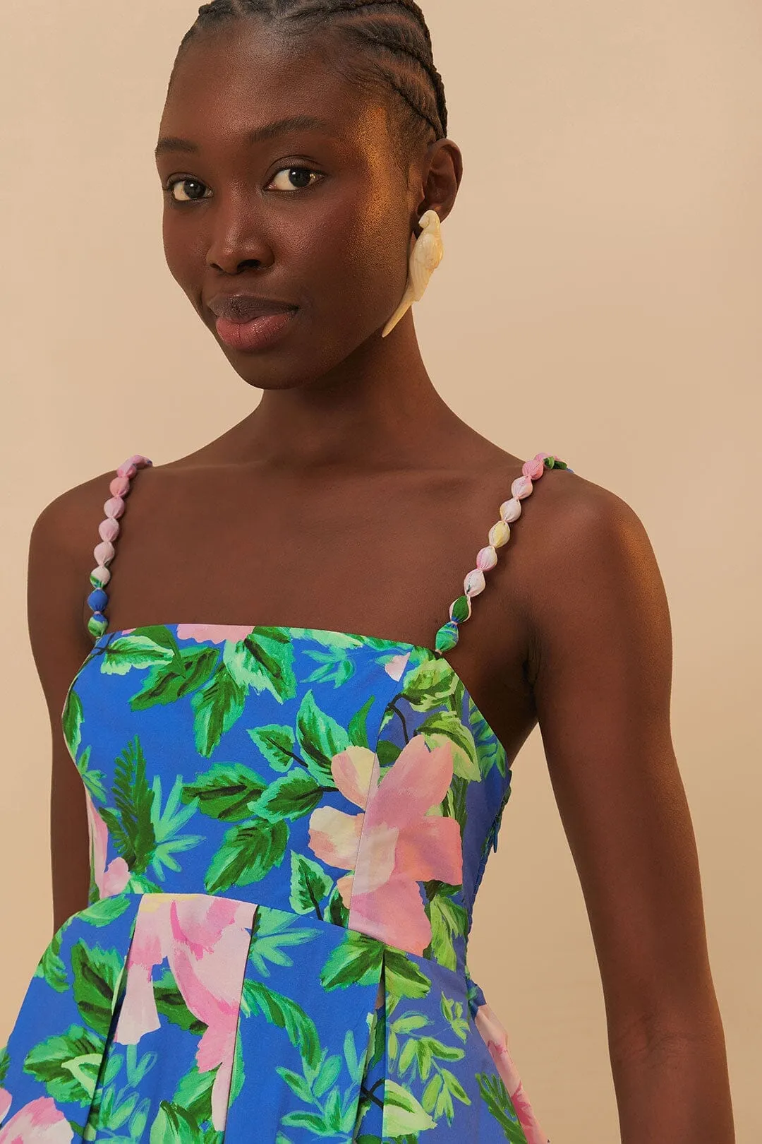 All Season Style Event Chic Blue Painted Flowers Organic Cotton Midi Dress