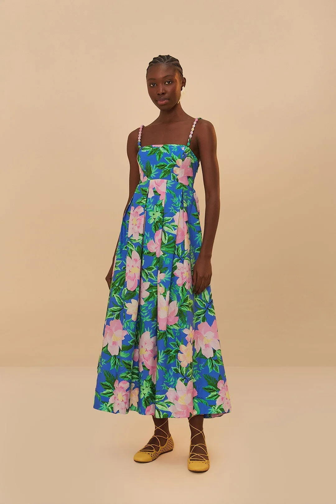 Blue Painted Flowers Organic Cotton Midi Dress All Day Elegance