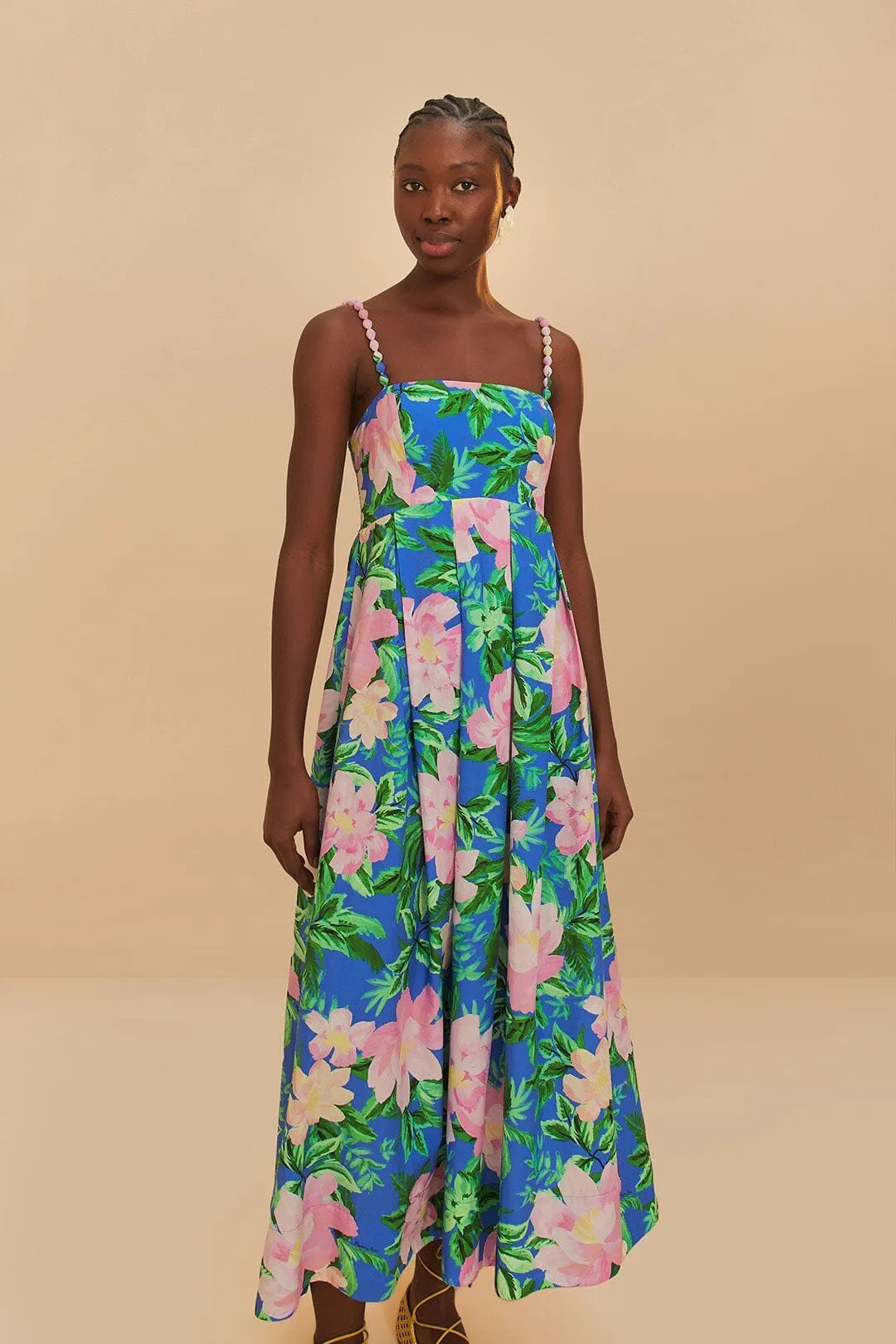 Blue Painted Flowers Organic Cotton Midi Dress Stylish Comfort