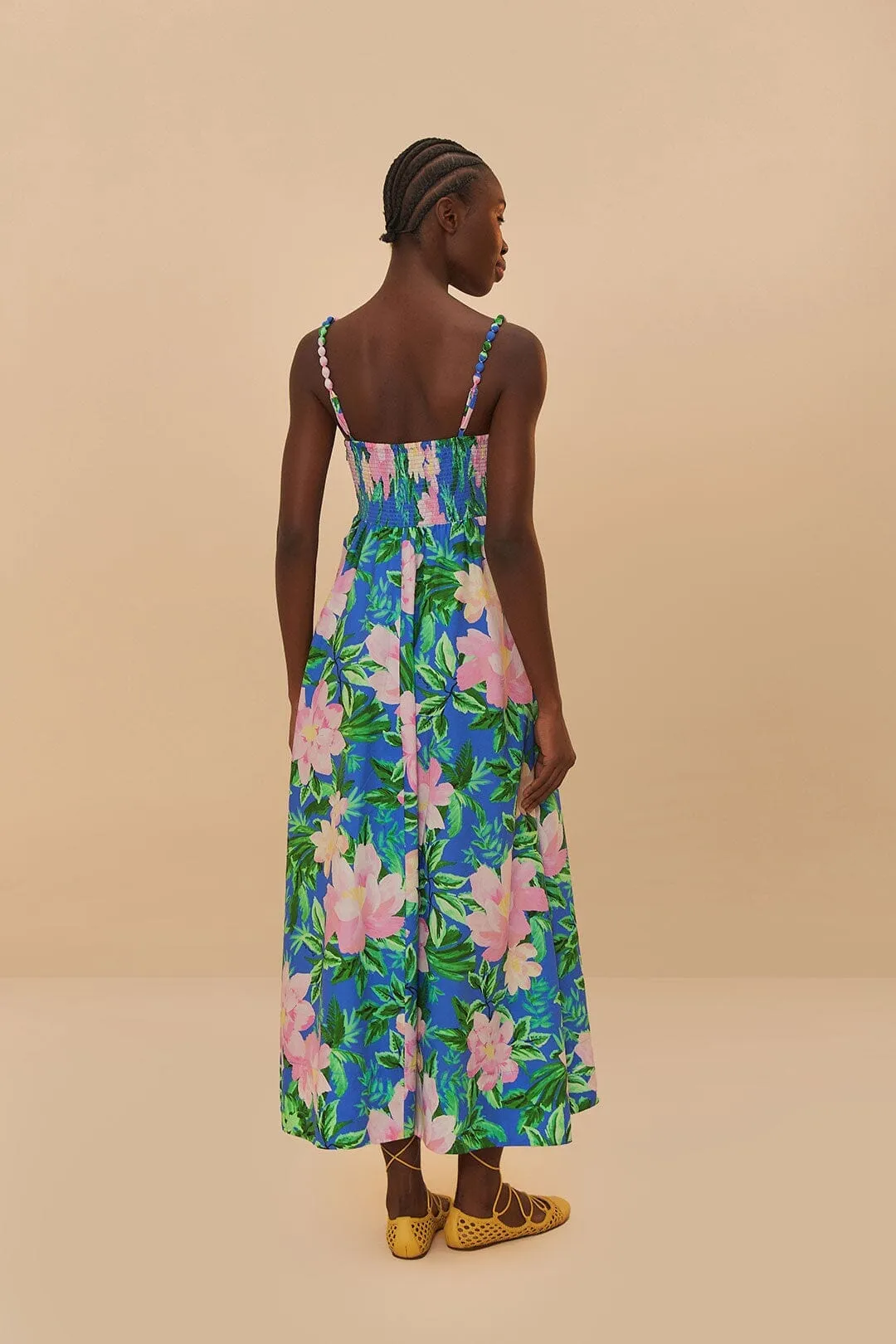 chic aesthetic Korean Vibe Blue Painted Flowers Organic Cotton Midi Dress