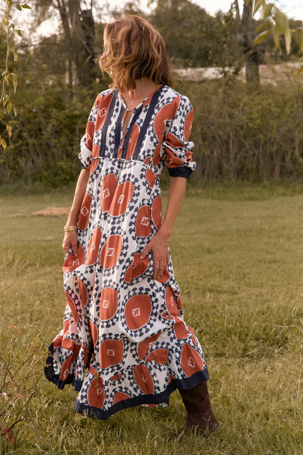 Peony Bloom Turquoise Shine Bonnie Umbrella Dress in Chestnut