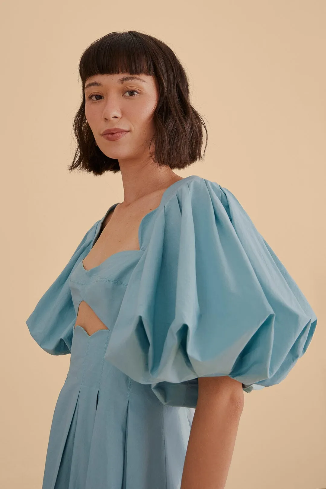 Grey Blue Cut Out Midi Dress Copper Glow Feminine Design