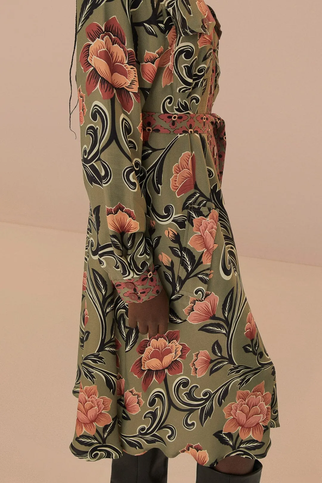 Work Wear Arabesque Floral Green Midi Dress