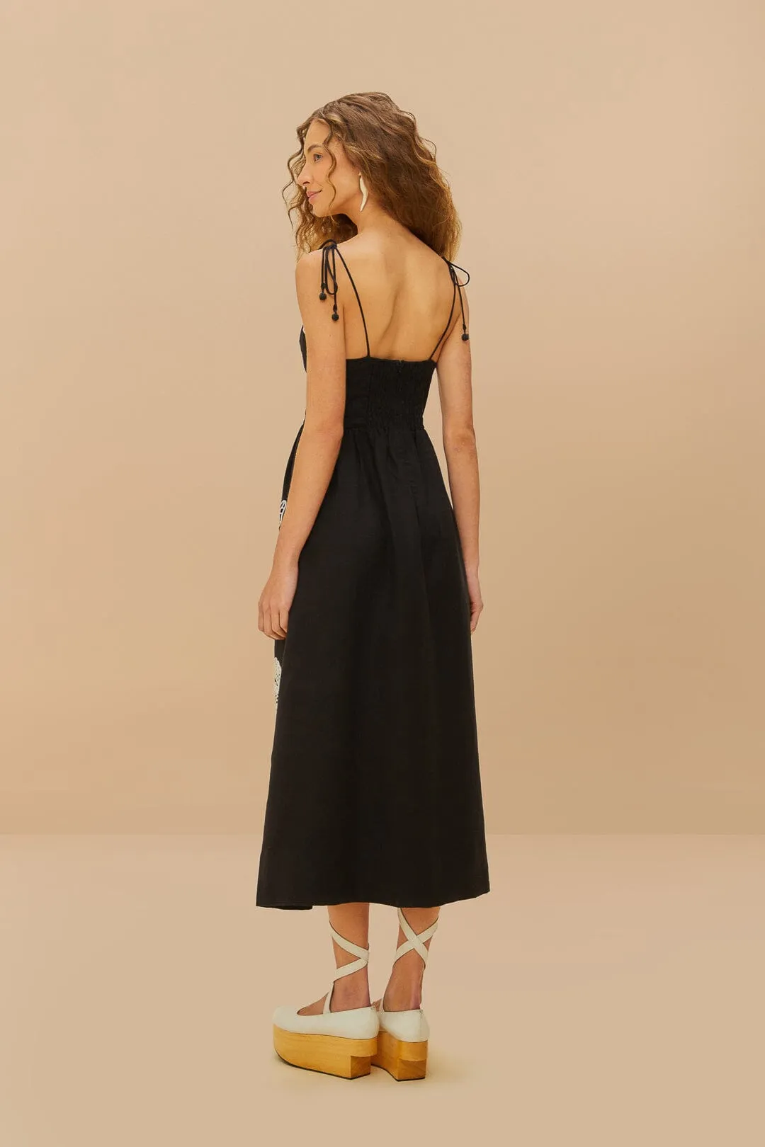Black Richelieu Lace Euroflax? Premium Linen Midi Dress Smart Chic Style